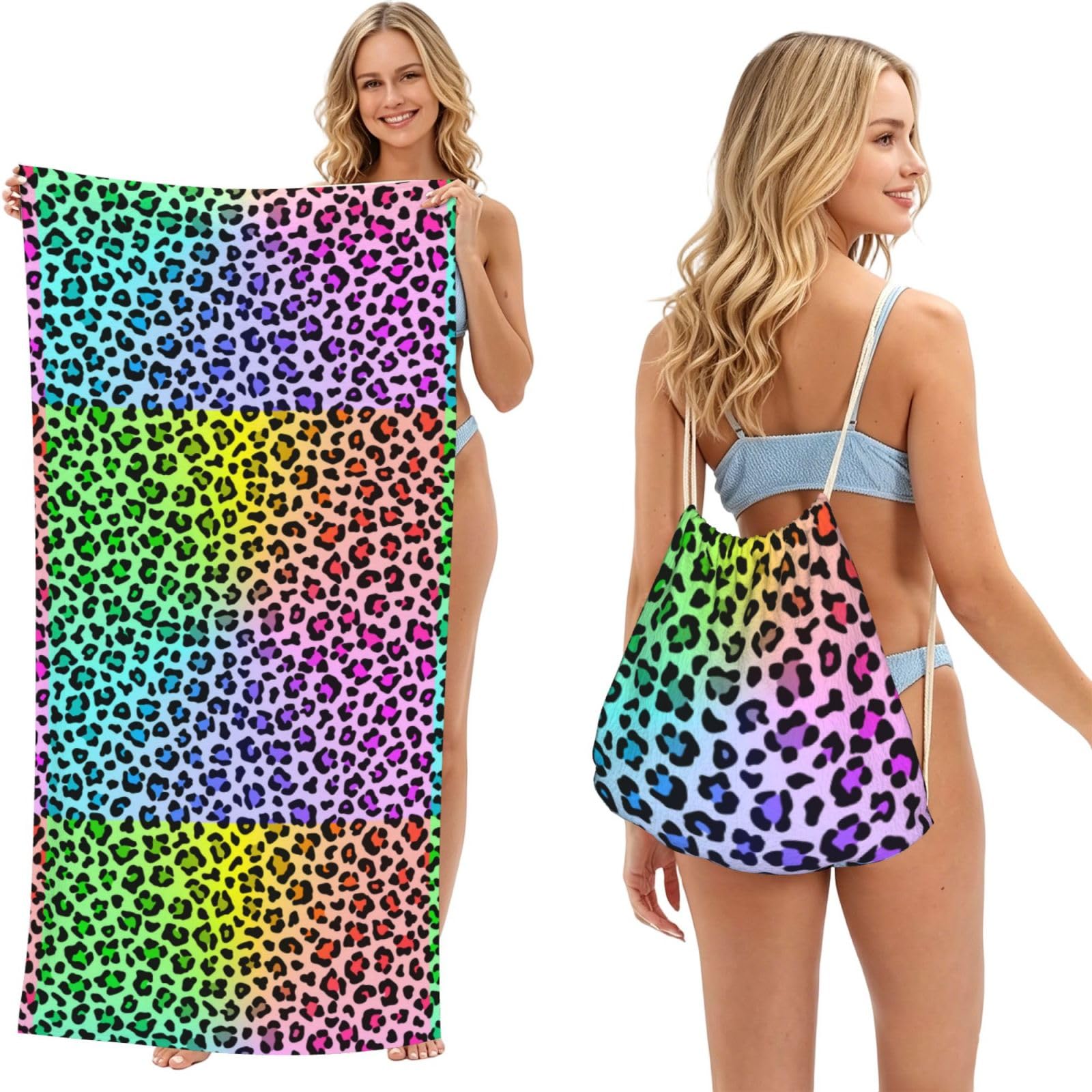 Poadnly As Picture Radial Rainbow Multicolor Leopard Pattern, 2 In 1 Packable Towel Bag, Beach Towels With Drawstring Backpack For Travel Holiday Camping