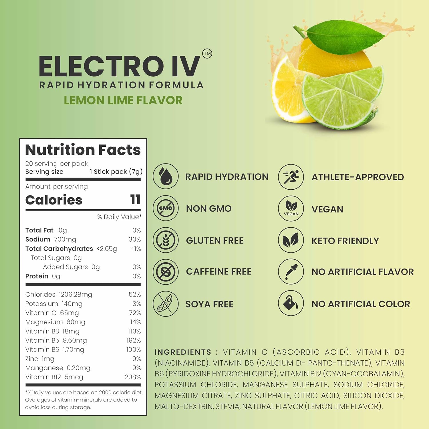 Rapid Hydration Mix – Sugar Free Electrolyte Powder Drink – Lemon Lime - 20 Stick Packs – Hydration Packets with Essential Electrolytes & Vitamins – Keto Friendly, Vegan, Non-GMO - Image 2