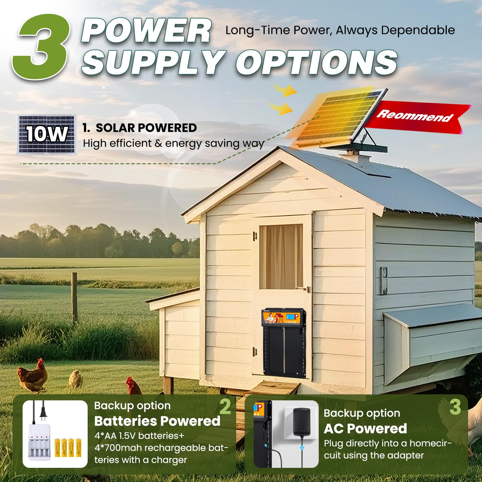 NEWTRY Porte automatique pour poulailler avec panneau solaire 10w et câble étendu, minuterie et capteur de lumière programmables, anti-pincement, indicateur de bande lumineuse plus télécommande 40m