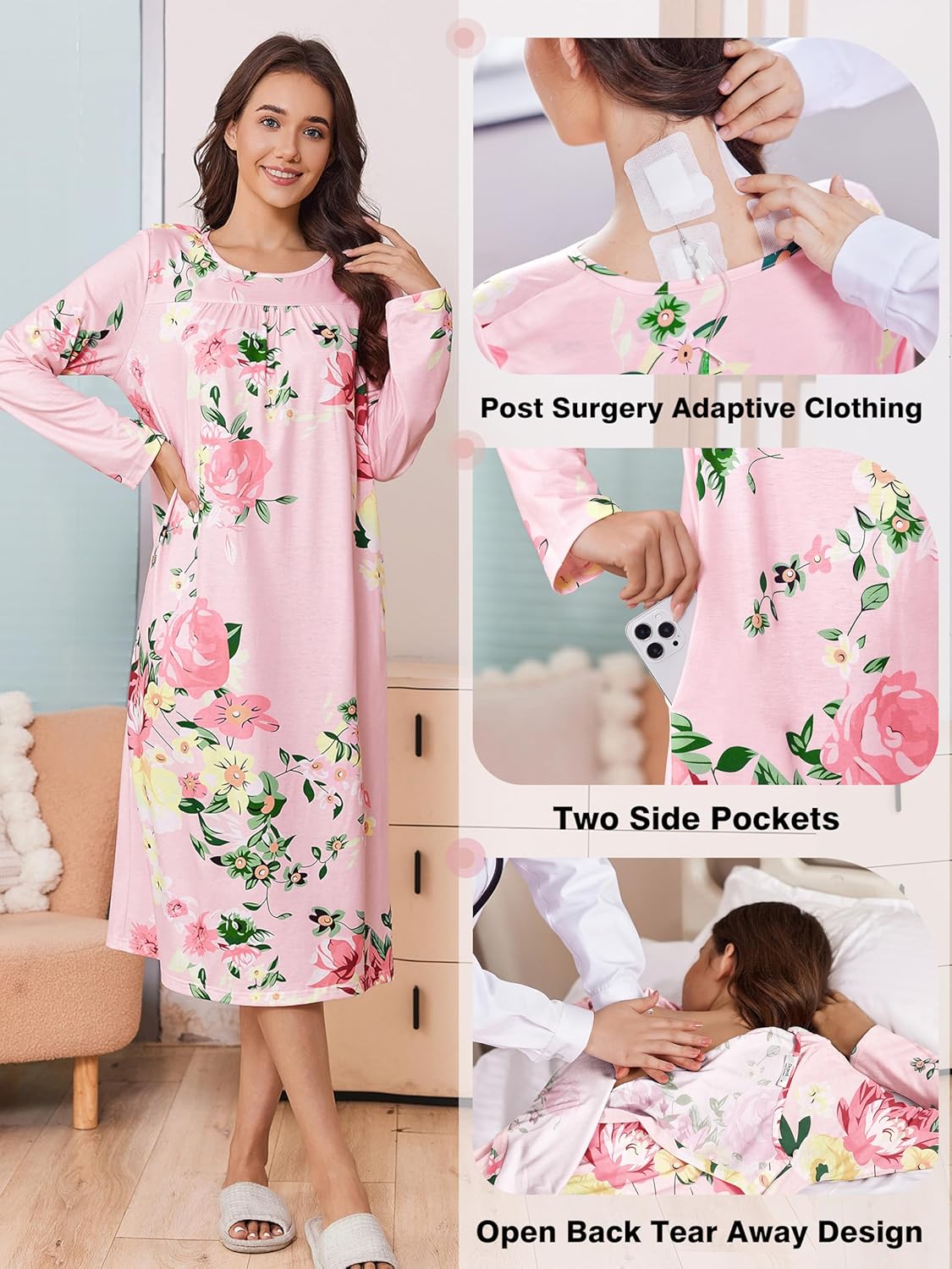 Deyeek Hospital Gowns for Women Tear Away Snap Open Back Dress Long Sleeve Post Surgery Adaptive Nightgown with Pockets - Image 3