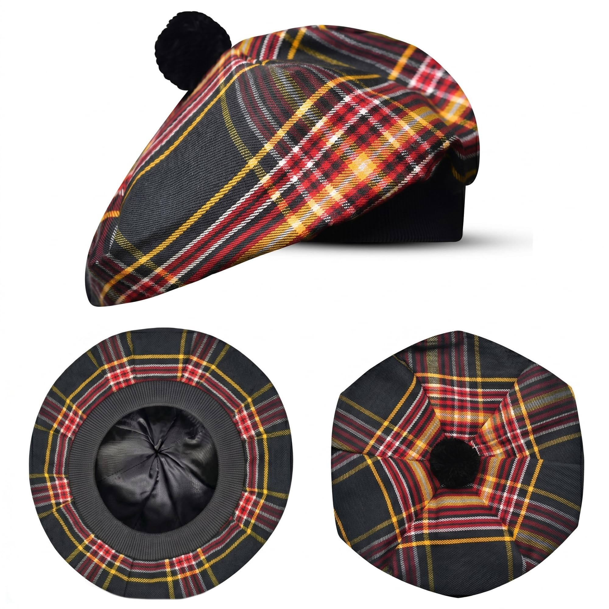 H Highland Redstone Unisex Firefighter Scottish Hat Tam O Shanter Scottish Bonnet Tartan Hat Acrylic Wool With Pompom (Uk, Alpha, One Size, )