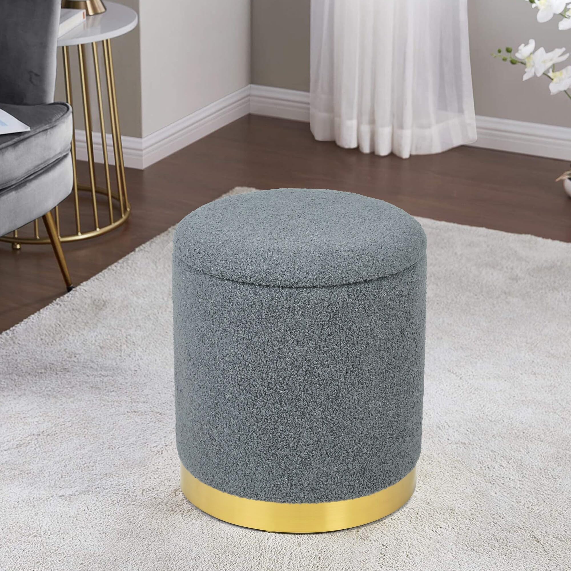 Adeco Velvet Round Storage Stool Gold Plating Base Storage Ottoman Dark Grey