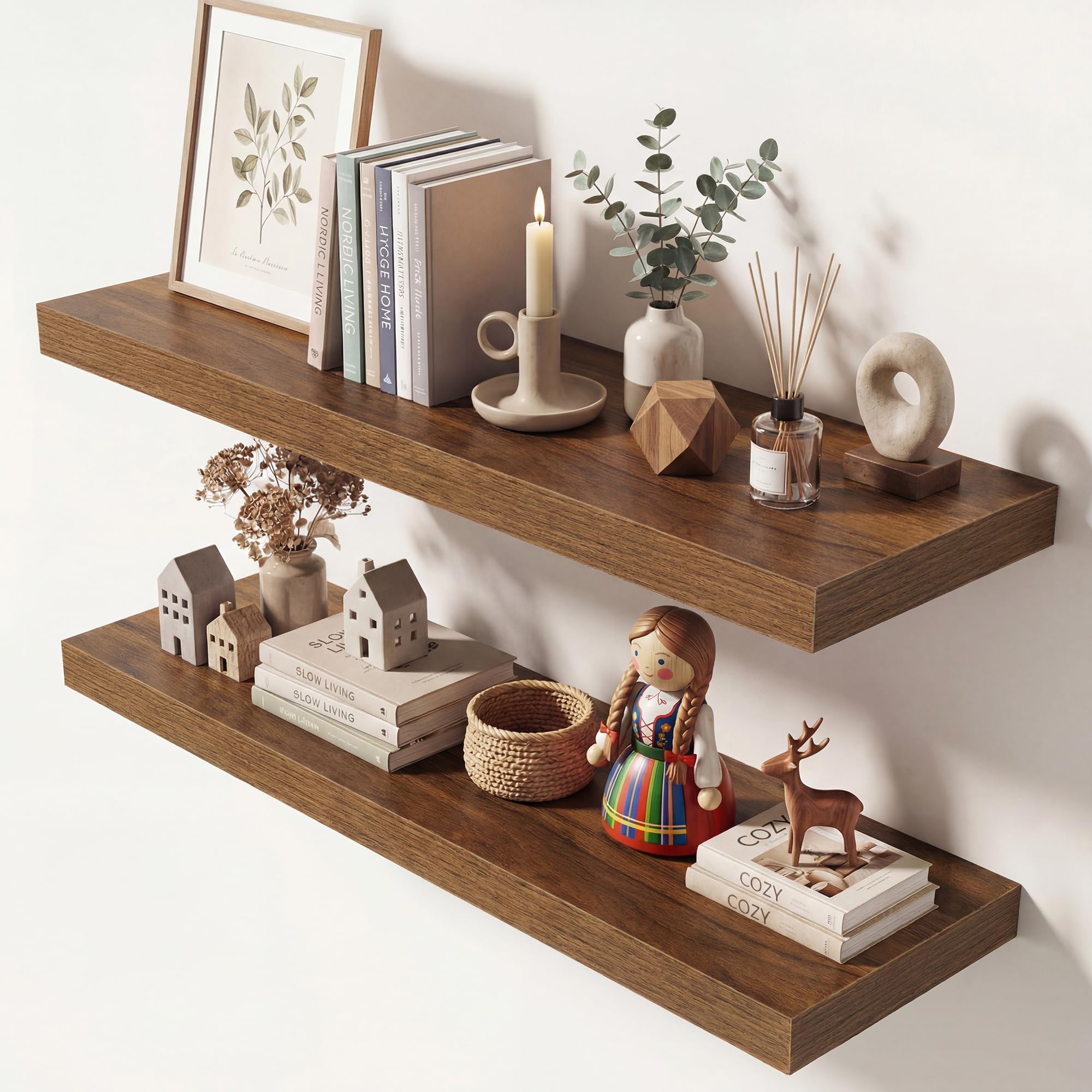 Dreamland 32 Inches Floating Shelves for Wall, 9.3" Deep Long Floating Shelves Set of 2, Large Display &amp; Storage Shelf, Wall Shelf for Bathroom Bedroom Living Room Kitchen Office, Walnut