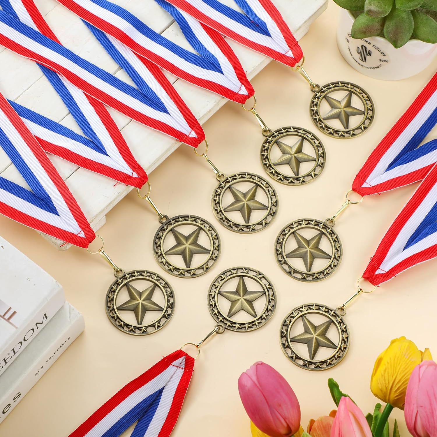 Cinnvoice 24 Pcs Gold Star Medals Bulk for Awards 2'' Winner Medals with Neck Ribbon Metal Trophy Awards Prize for Football Baseball Soccer Softball MVP Team Competitions Winner Gifts