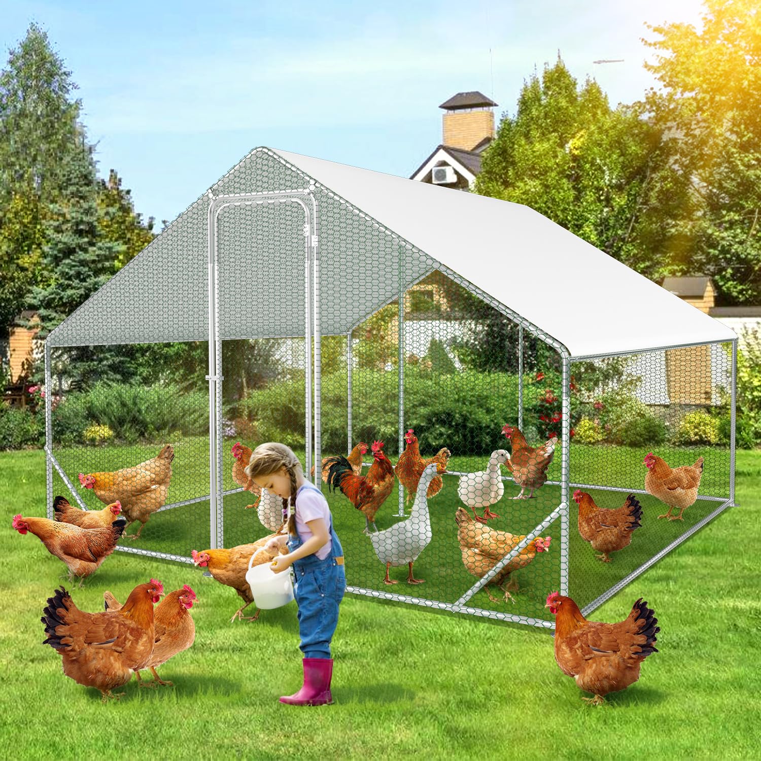 Gallinero con zona libre, 3x3x2m con cerradura de seguridad y tela impermeable de PE, fácil de limpiar, zona libre para gallinas, jaula para pájaros, pequeños animales y plantas