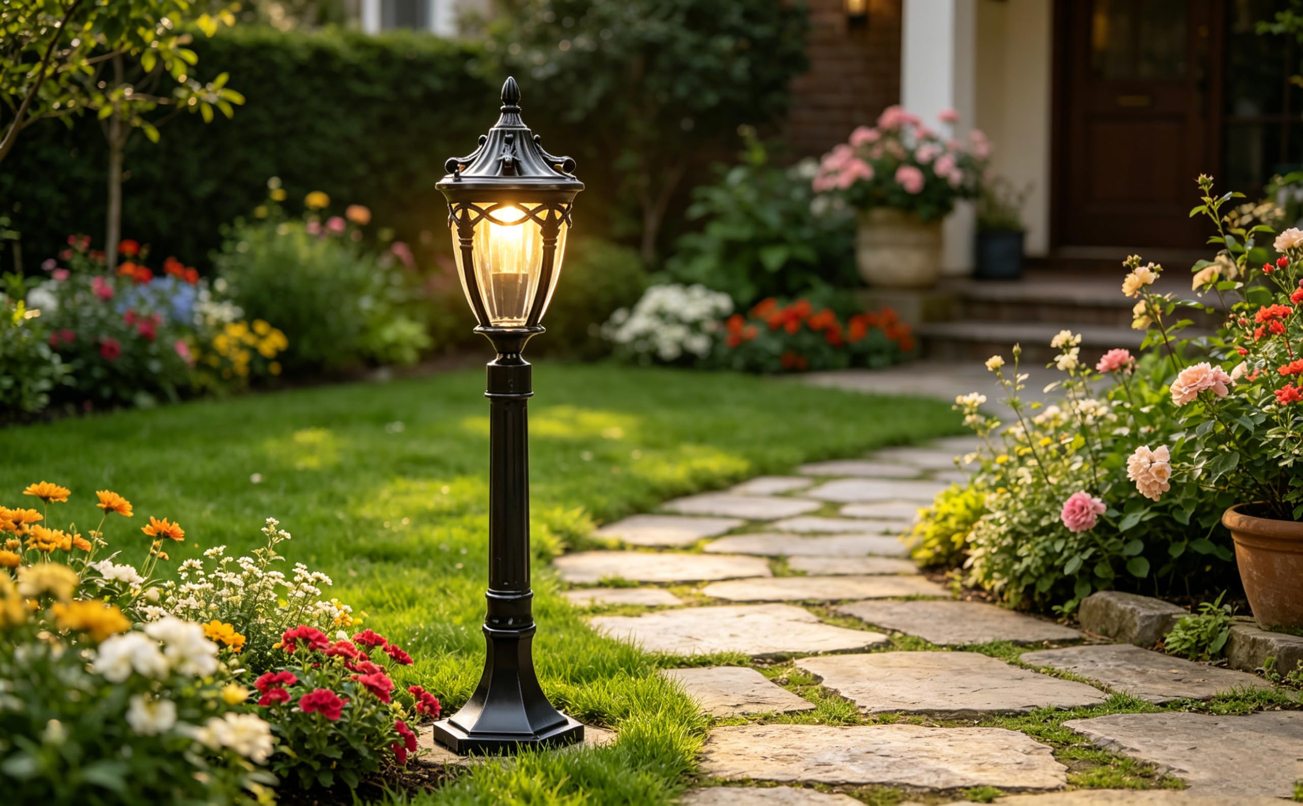 lámpara de pie Negro,Aluminio,H 80 cm, lámpara de jardín E27, 220V,IP55 | Terraza, Camino, Jardin / Illuminacion Exterior.Lamparas de pie exterior Clásico/Antiguo. patio entrada ,retro vintage
