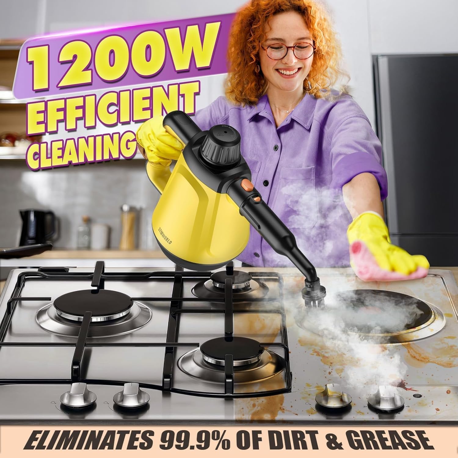 Natural Multi-Surface Handheld Steam Cleaner with 10 Accessories, 13.5OZ Pressurized Multipurpose On Demand Steam Cleaner for Home, Steamer for Cleaning Dirt, Grease, Grout, Tile, Windows, Car, Yellow