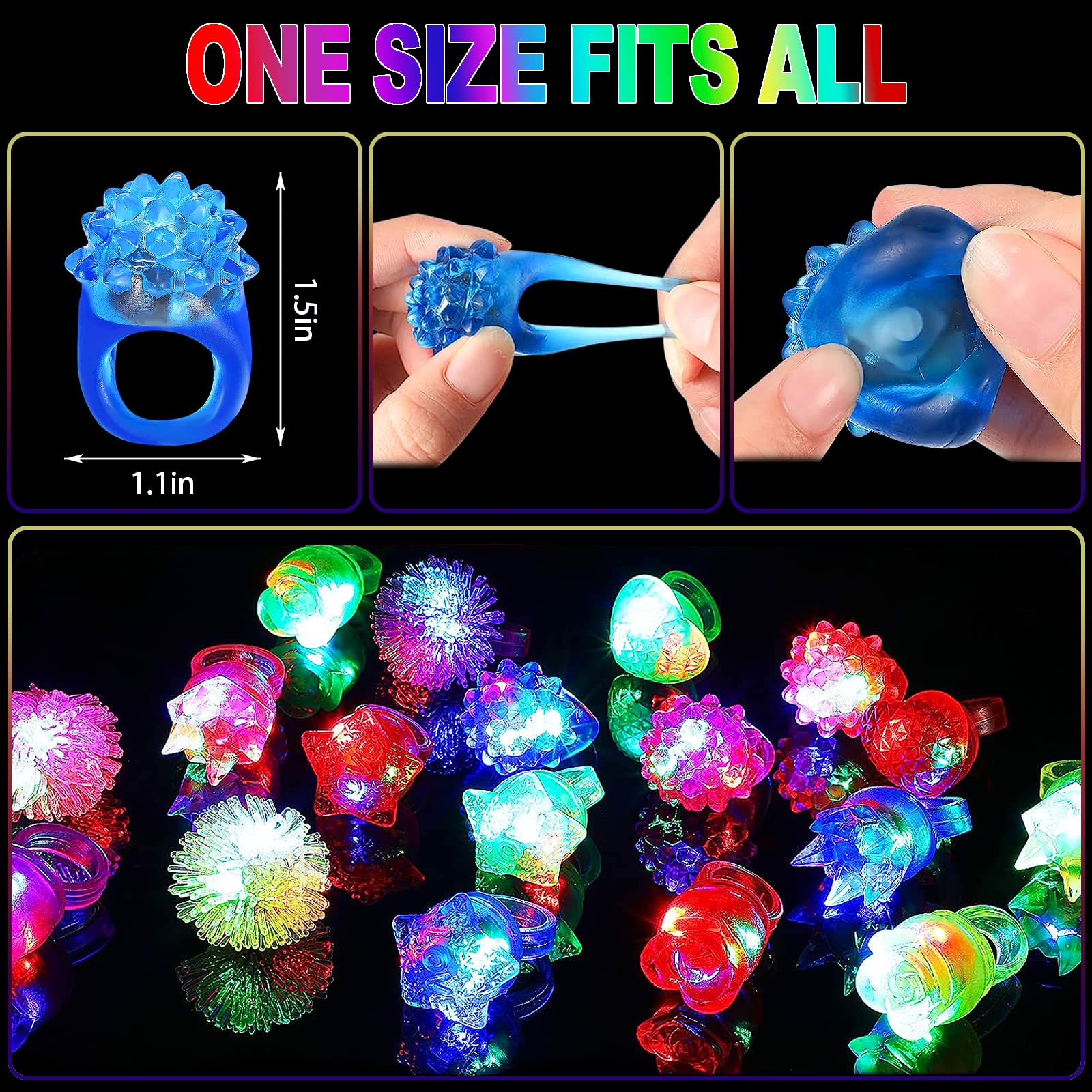 CCINEE 24Pcs Light Up Rings Flashing Assorted Colorful LED Rubber Bumpy Jelly Rings Glow in Dark Finger Toys for Party Supplies Kids Prizes Novelty Gifts Party Bag Filler