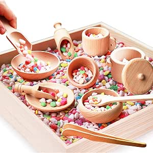 Montessori Sensory Bin Tools: Wooden Box with 11 Sensory Toys for Toddlers & Preschool Children