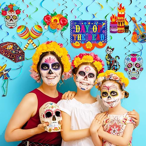 Miniatura 5 de 30 remolinos de papel de aluminio del Día de los Muertos, decoraciones de Halloween, calavera de azúcar, flores colgantes en el techo, remolinos de