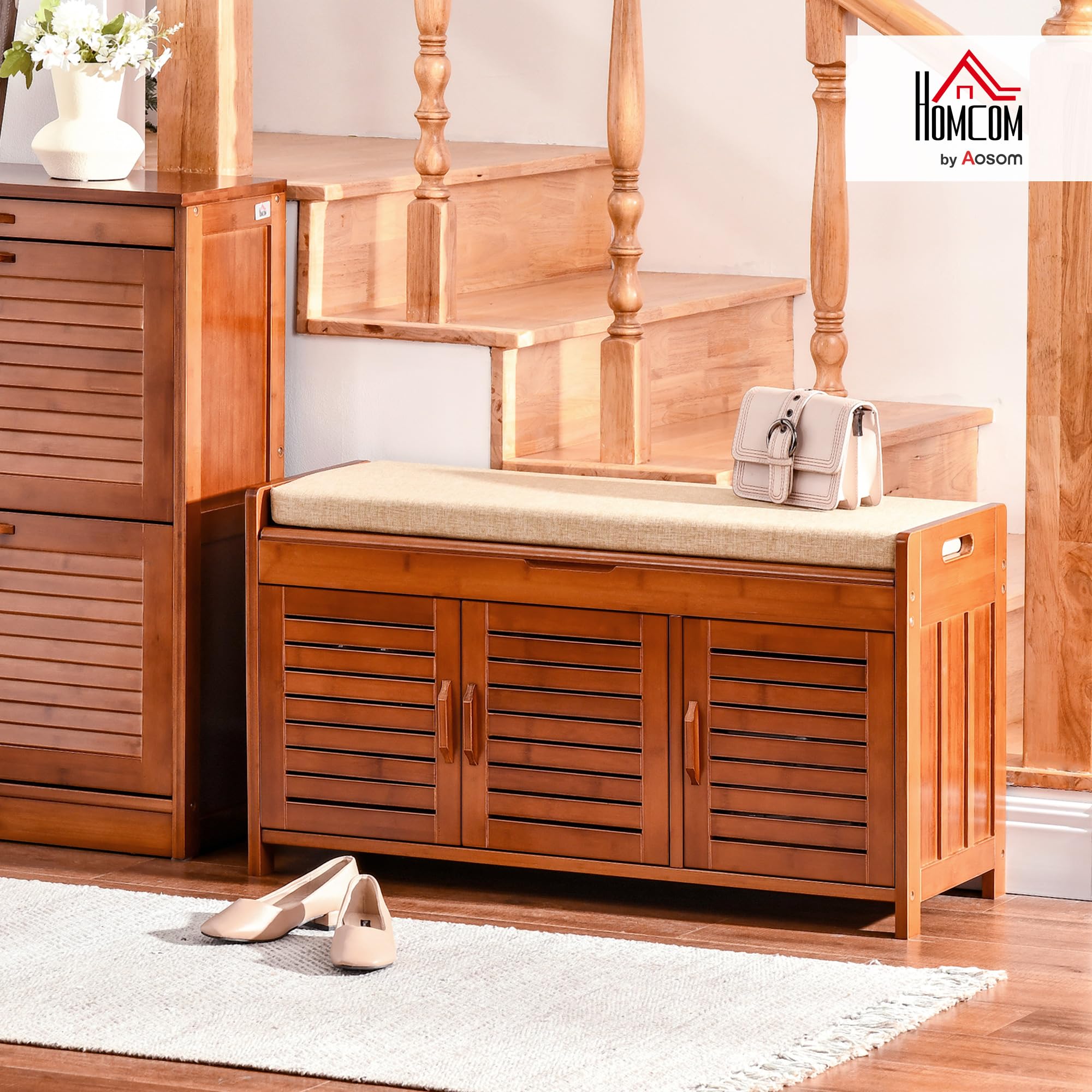 HOMCOM Panca Portascarpe Con Seduta Imbottita E Contenitore, In Bambù Naturale, 60x33x50 Cm, Per Ingresso E Corridoio, Carico 120 Kg