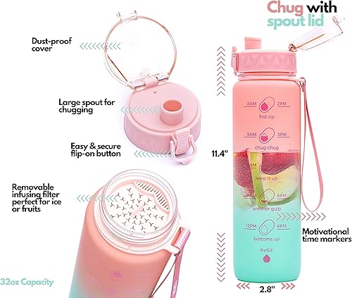 Miniatura 6 de H2O Cápsula INSPO de medio galón soleado mañana y 32 onzas de flor de loto Set de botellas de agua motivacionales con marcador de tiempo y paja