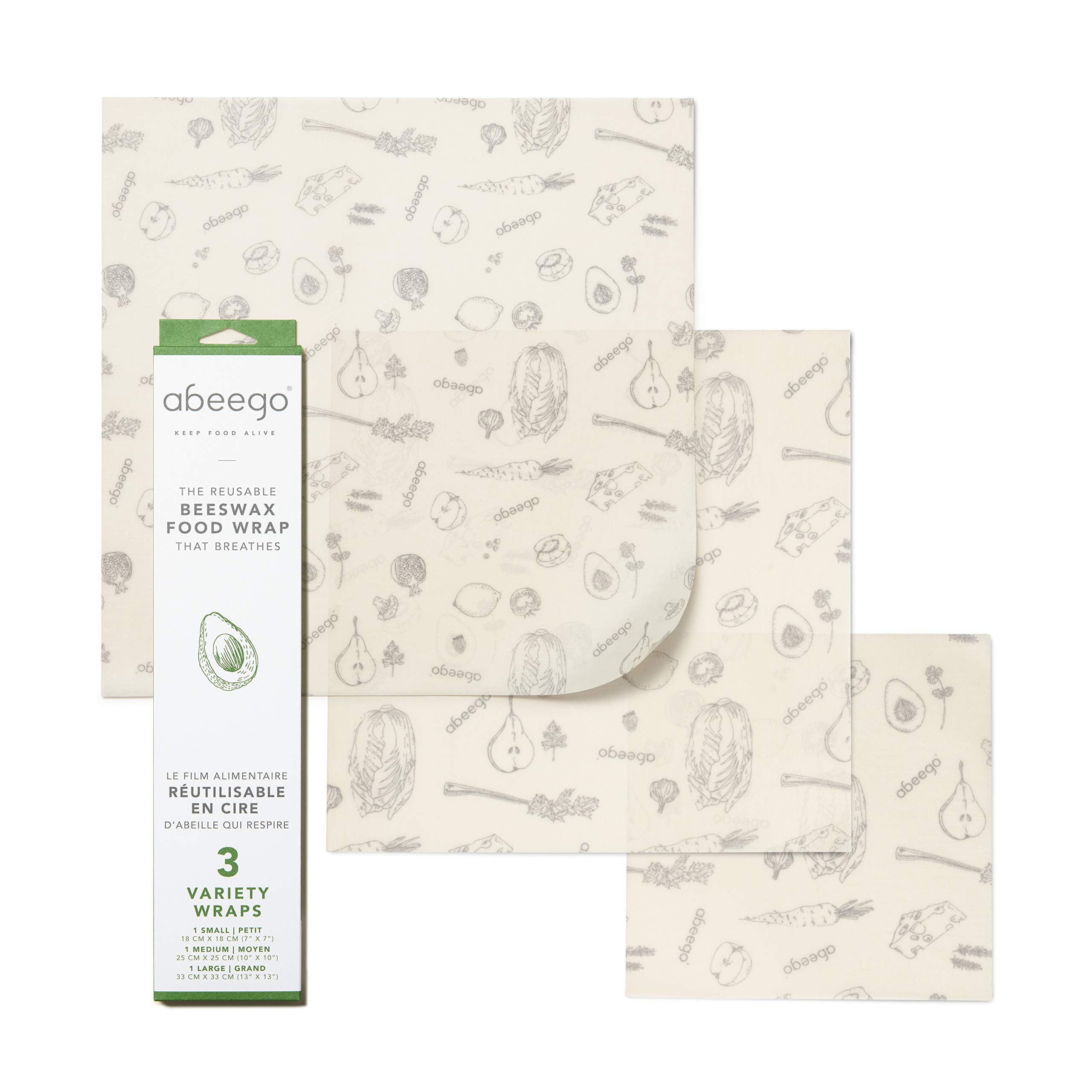 Abeego, The Original Beeswax Food Storage Wrap - Set of Three, 7" 10" and 13" Natural Square Sheets