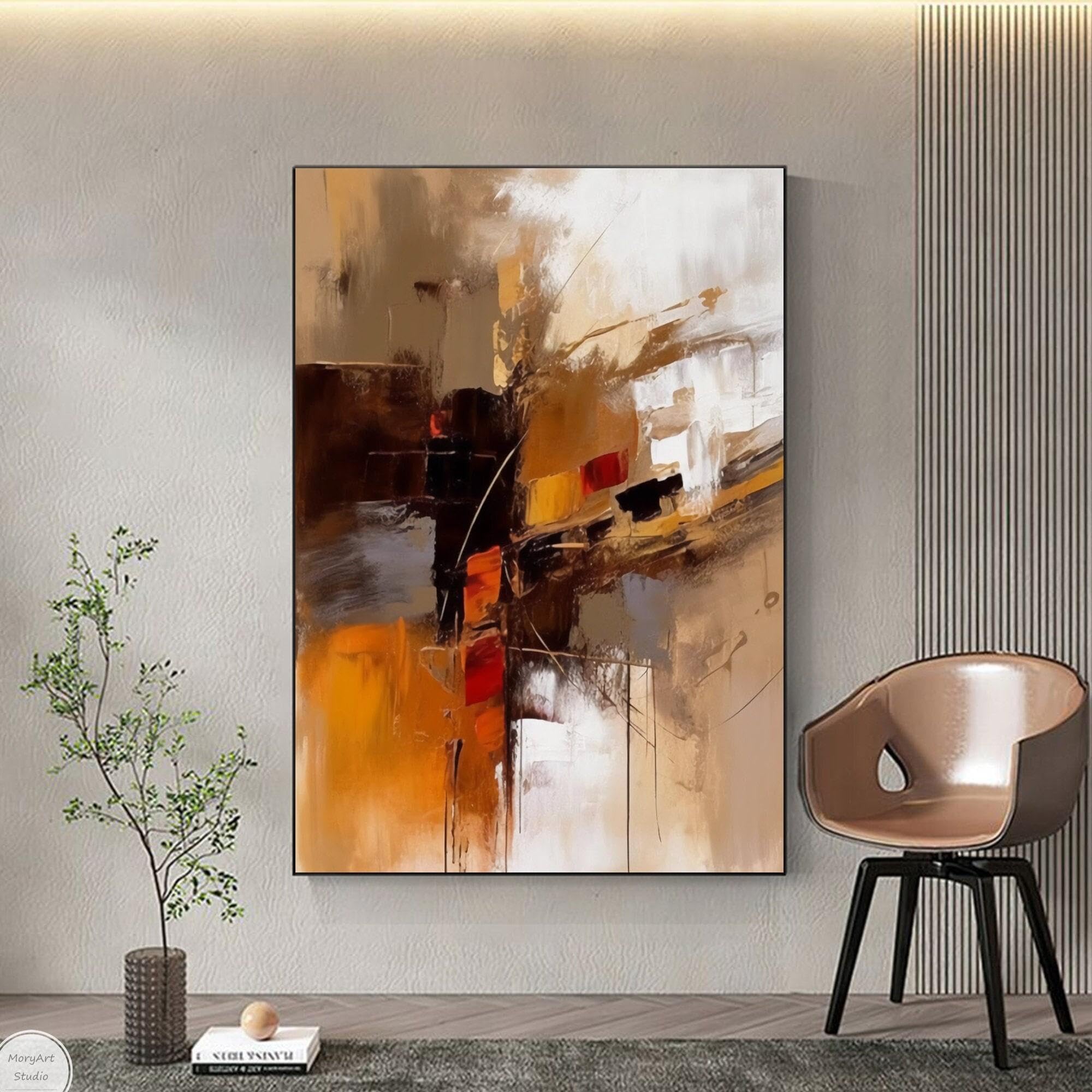 Peintures murales abstraites marron, impressions d'art mural à texture blanche, grandes images murales modernes sur toile orange pour salon 60x80cm (24x31 pouces) cadre noir