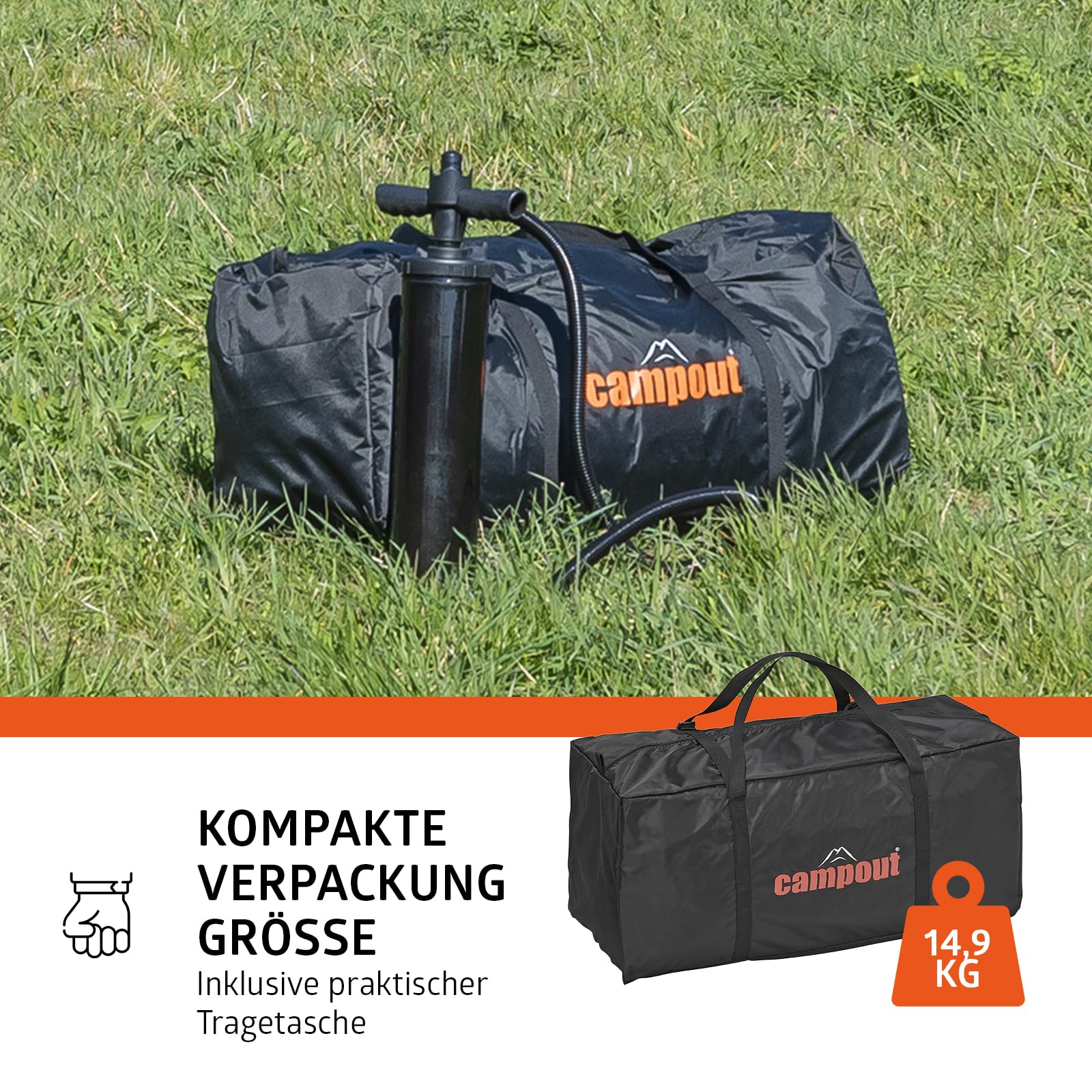Campout Aufblasbares Tunnelzelt 455 x 270 cm – 4-Personen-Familienzelt mit 2 Schlafbereichen – Inklusive Pumpe und Bodenplane – Schwarz