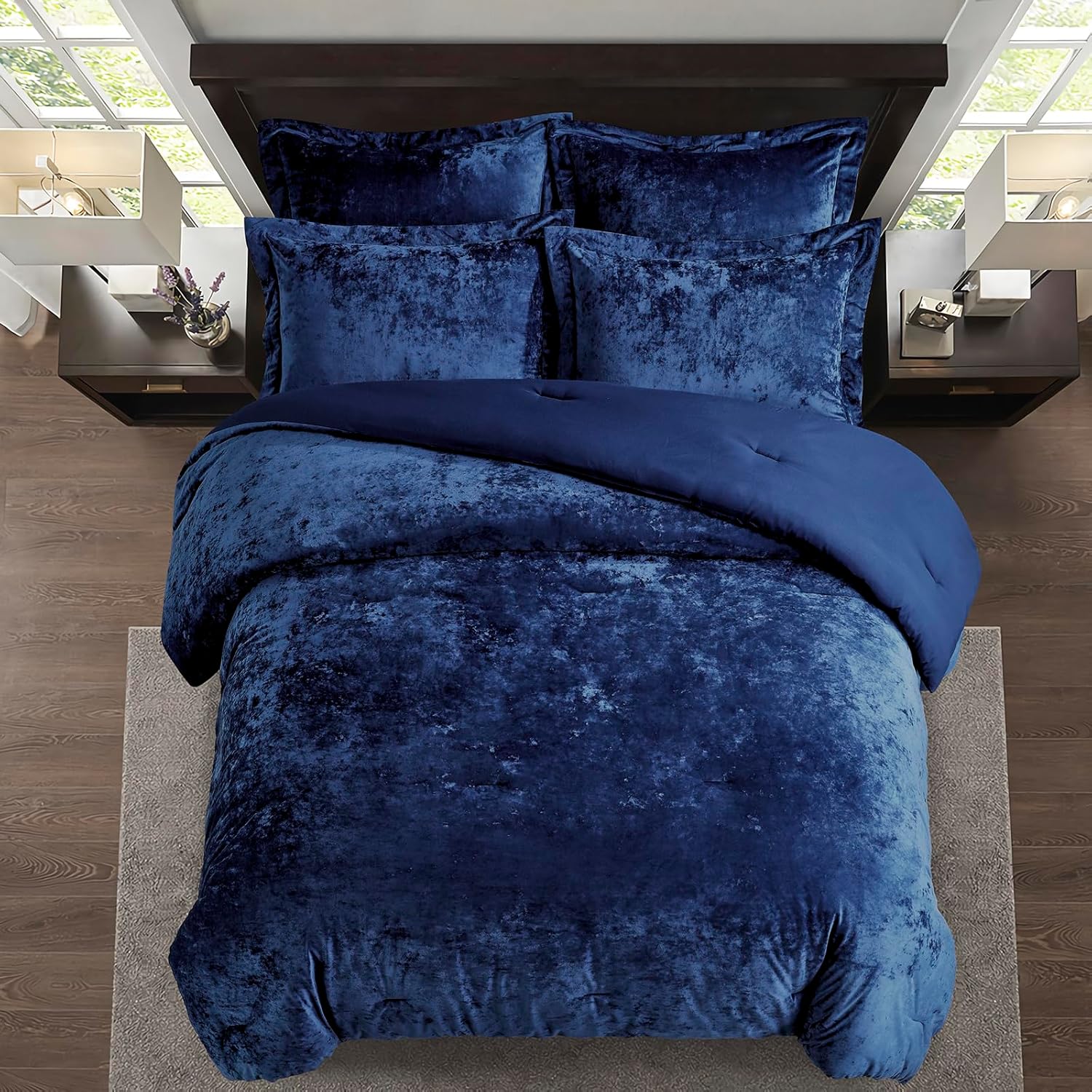 Fredsure Distressed Velvet Comforter Set, 5 Pieces Navy Queen, Distressed Velvet Face and Brushed Microfiber Reverse
