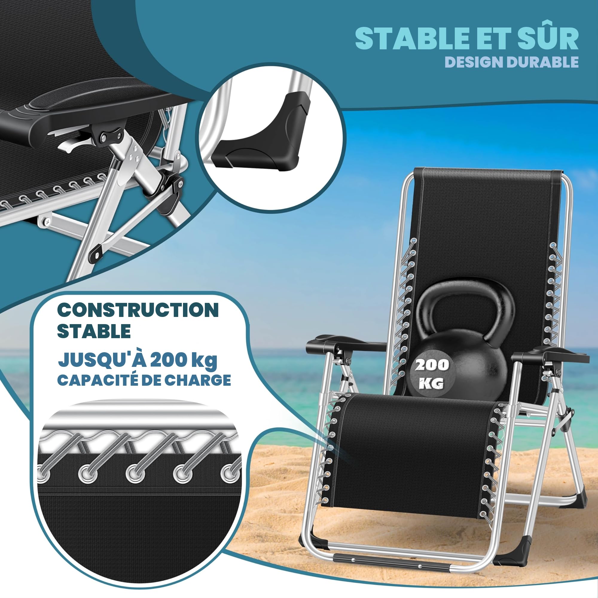 KESSER® Chaise longue pliable XXL, résistante aux intempéries, capacité de charge 200 kg, revêtement ergonomique, dossier réglable, coussin cervical, porte-gobelet et coussin pour bras, Basic - Gris