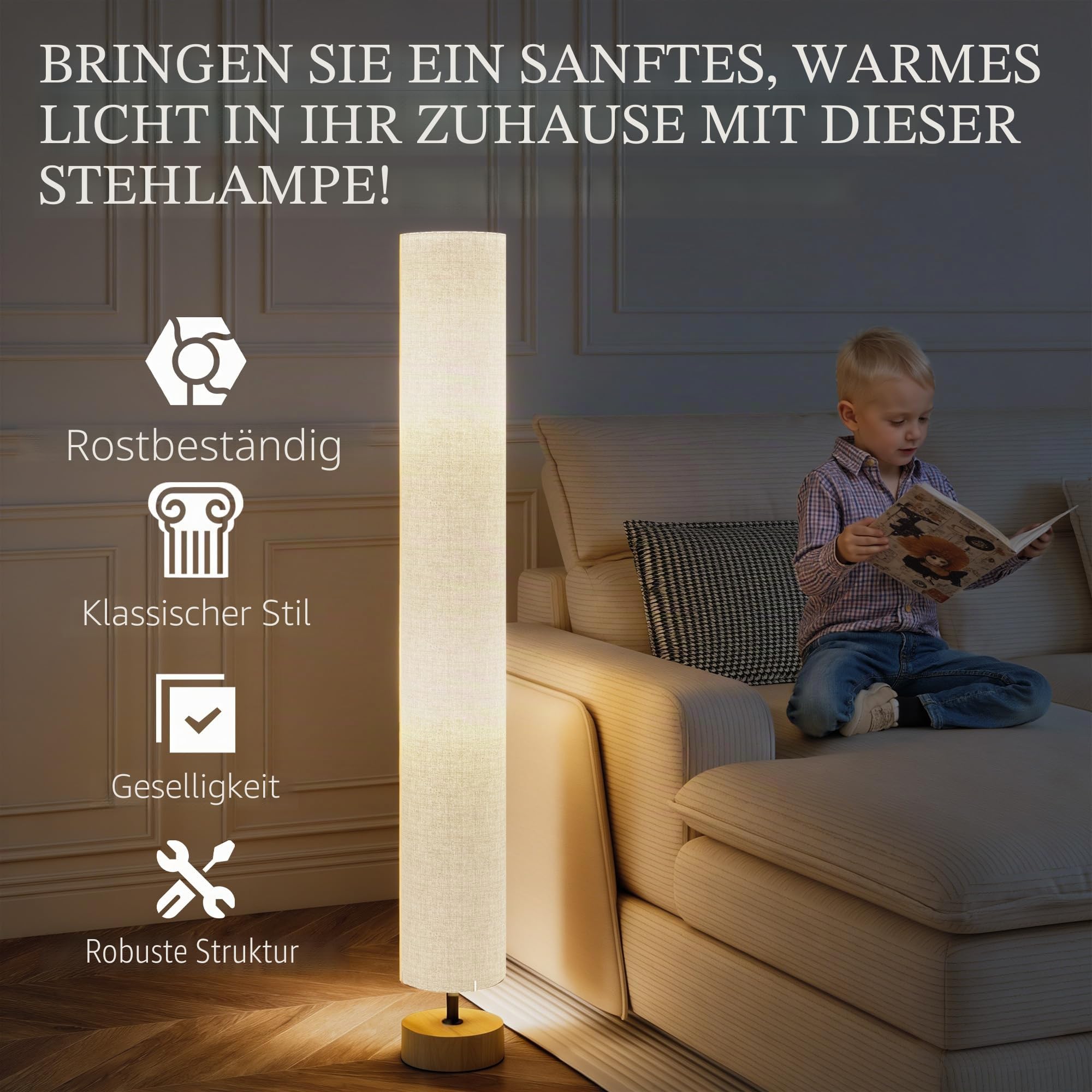 HOMCOM Stehlampe Wohnzimmer, Schlafzimmer, Büro, 120 cm, grau: Lampenschirm aus zeitgenössischem Leinen mit Fußschalter, 2 x Fassung E27
