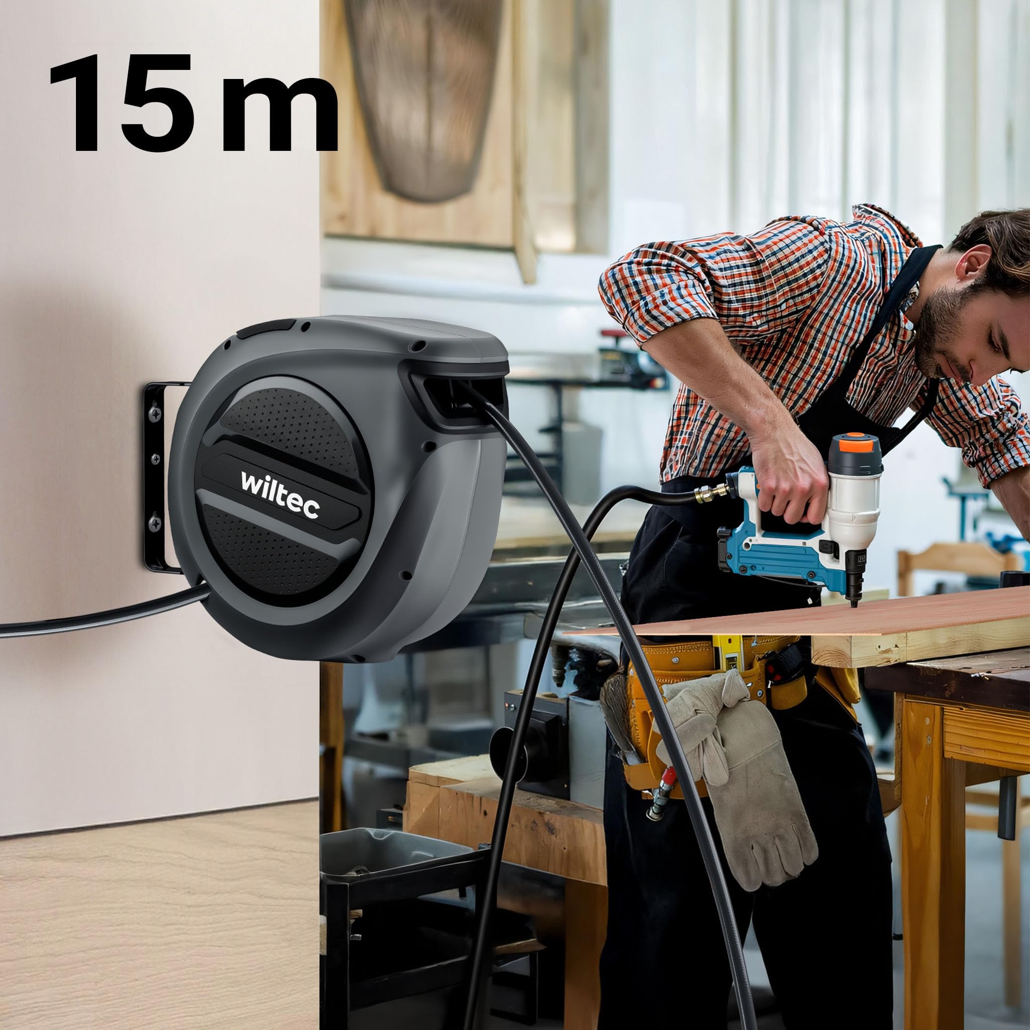 Wiltec Druckluft Schlauchtrommel 15 m, automatische Druckluftschlauchtrommel Stahl, 17 bar Drucklufttrommel, Schlauchaufroller mit 180° Halterung