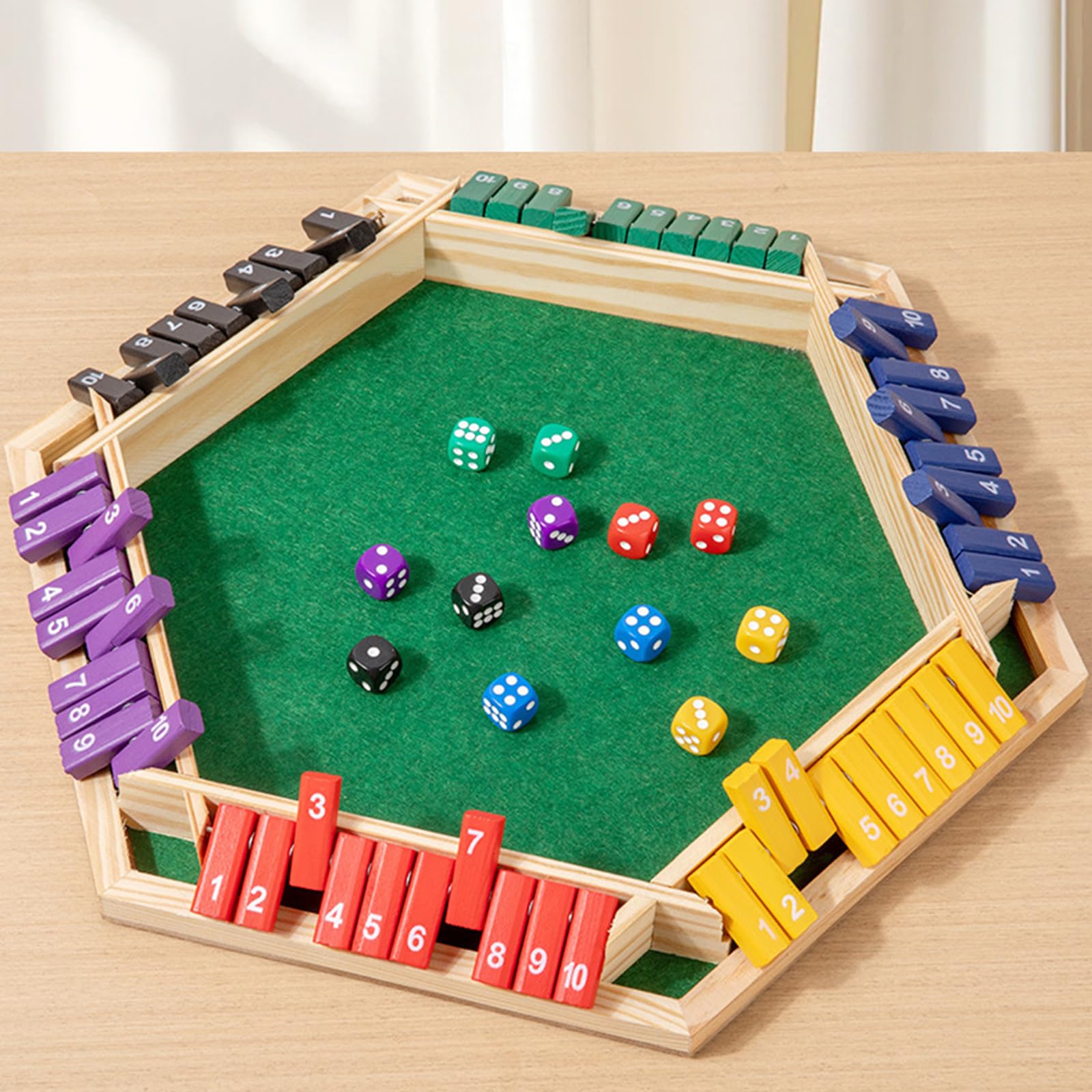 Gioco Chiudi Il Tavolo per 6 Giocatori, Set in Legno con Disegni Tradizionali, Pub, Gioco di Dadi Educativo per Famiglia, Bambini e Adulti - Multicolore - 3 Pezzi