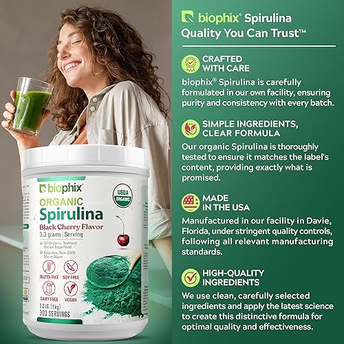Miniatura 6 de biophix Polvo orgánico de espirulina de 2.2 libras, sabor a cereza negra, superalimento rico en proteínas, rico en nutrientes, potente antioxidante,