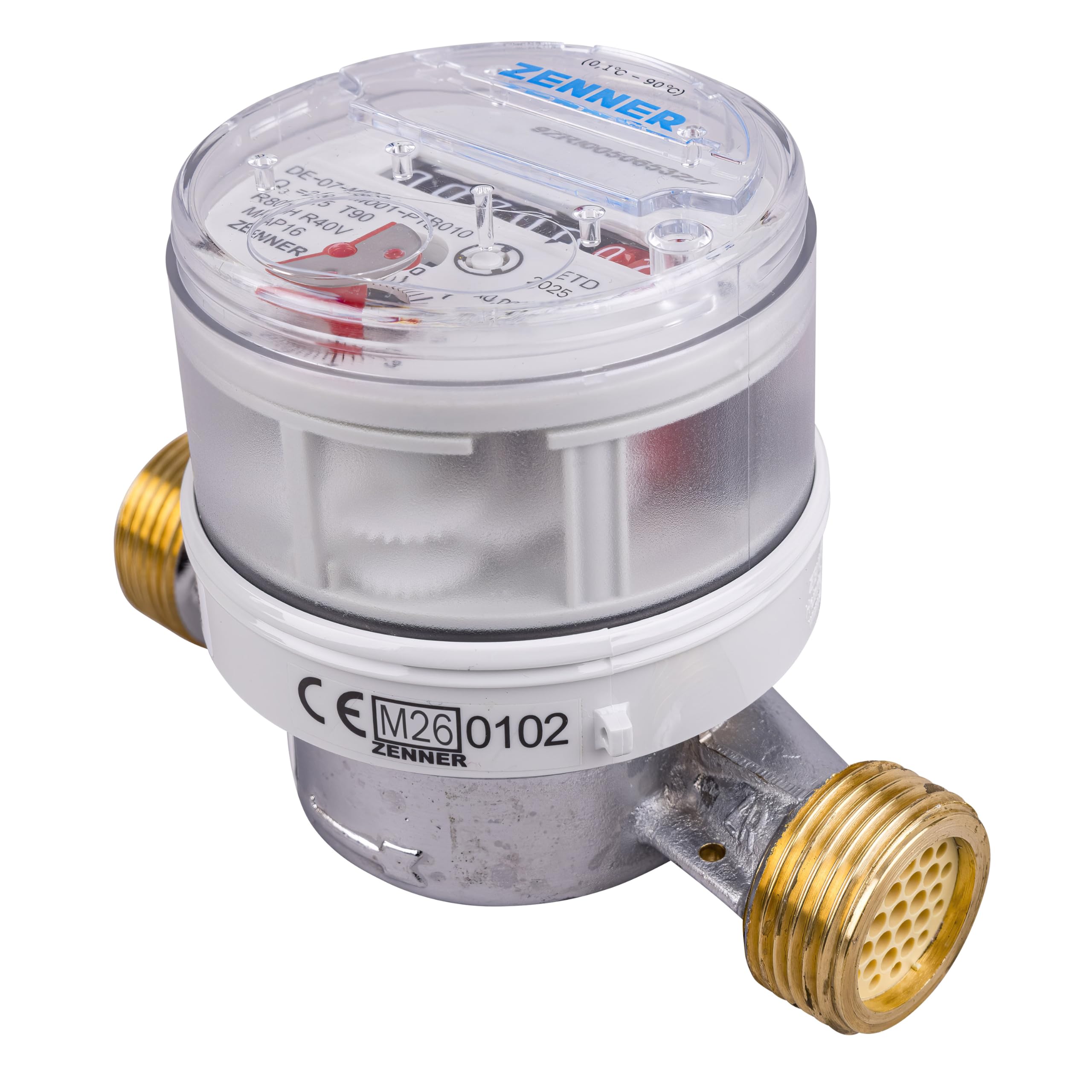 Contador de agua de Zenner Q3 = 2,5 para agua fría + caliente, BL 110 mm, 3/4 pulgadas de conexión/calibrado 2026 con la marca "CE M26 0102" lateralmente en el contador.