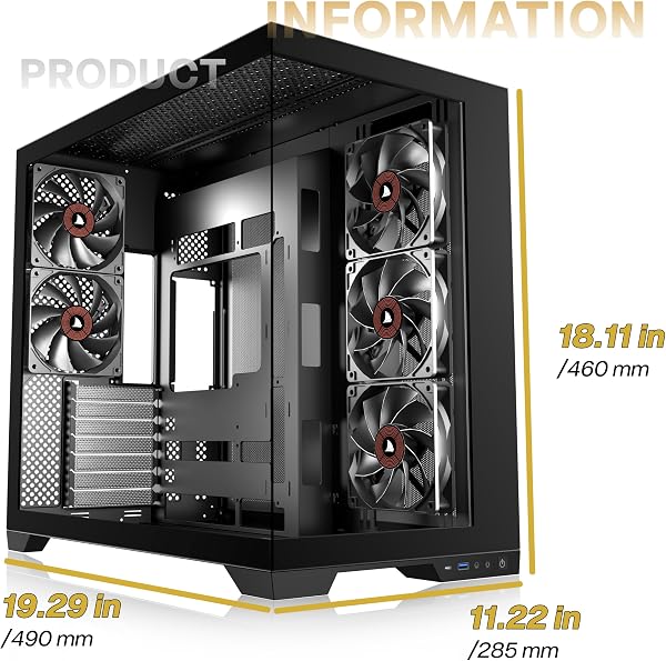 PCZZOI PC CASE ATX 5 Fans Pre-Installed, Type-C Mid Tower Computer Case with Full-View Dual Tempered Glass, Gaming PC Case,Black,K4(2026 Update Version) - 2