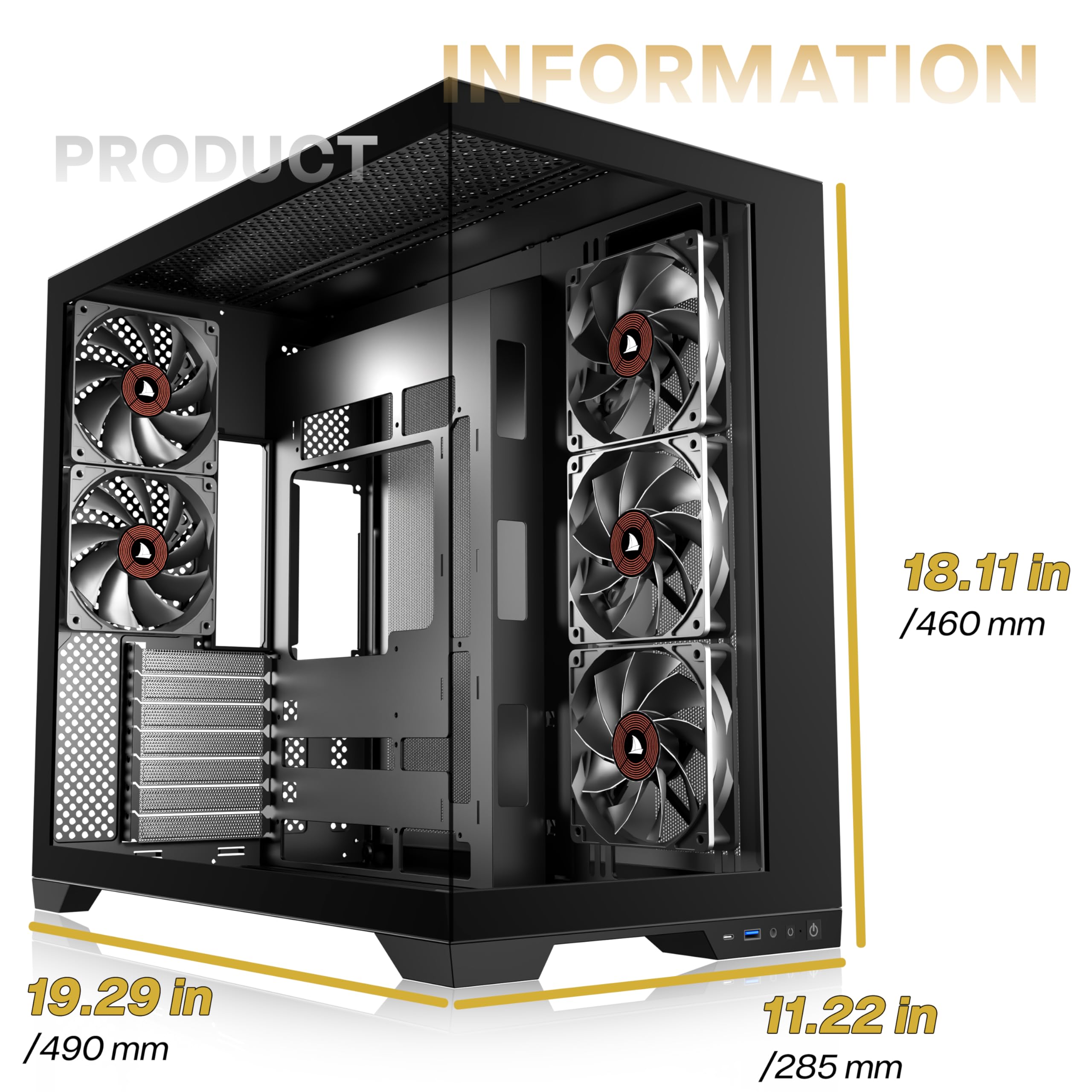 KEDIERS - Caja de ordenador con 5 ventiladores preinstalados, caja de juego ATX Mid Tower - Caja de ordenador con parte lateral abierta de cristal templado negro