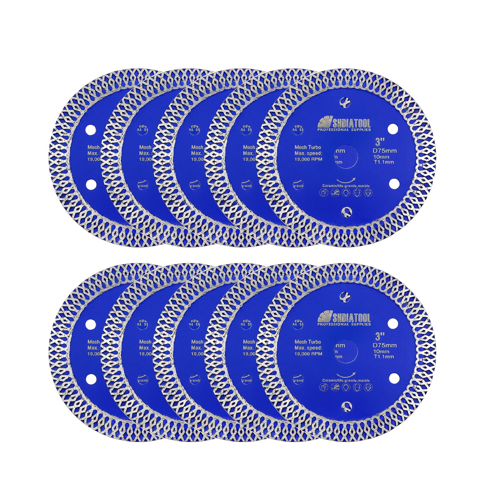 SHDIATOOL Tile Diamond Blade Cutting Disc 75mm Cut Off Wheel for Tile Porcelain Ceramic Marble Granite Arbor 10mm on Angle Grinder(Pack of 10)