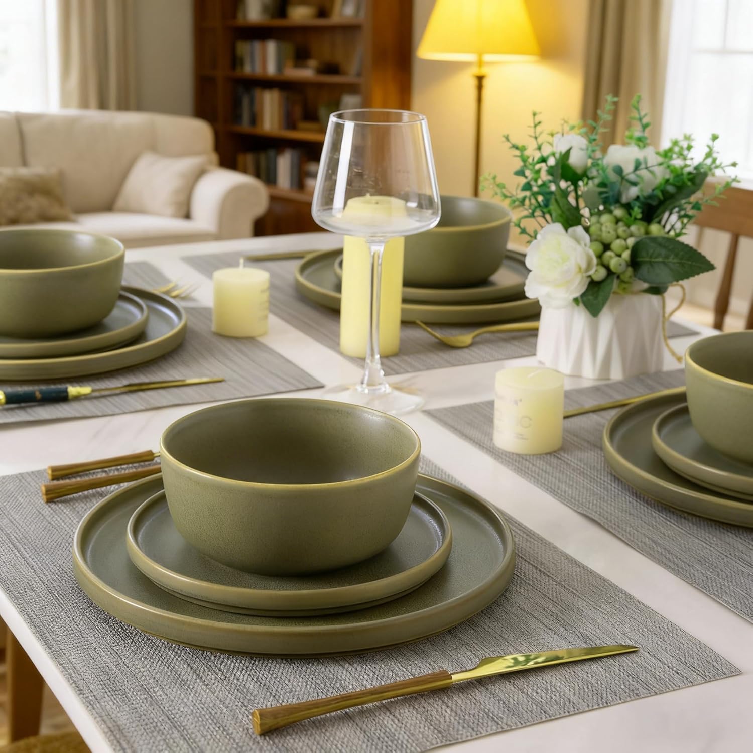 AmorArc Stoneware Cereal Bowls Set of 4, 26oz Soup Bowls Set for Cereal Soup Snacks, Modern Kitchen bowls for Meal, Dishwasher &Microwave Safe,Stoneware Green