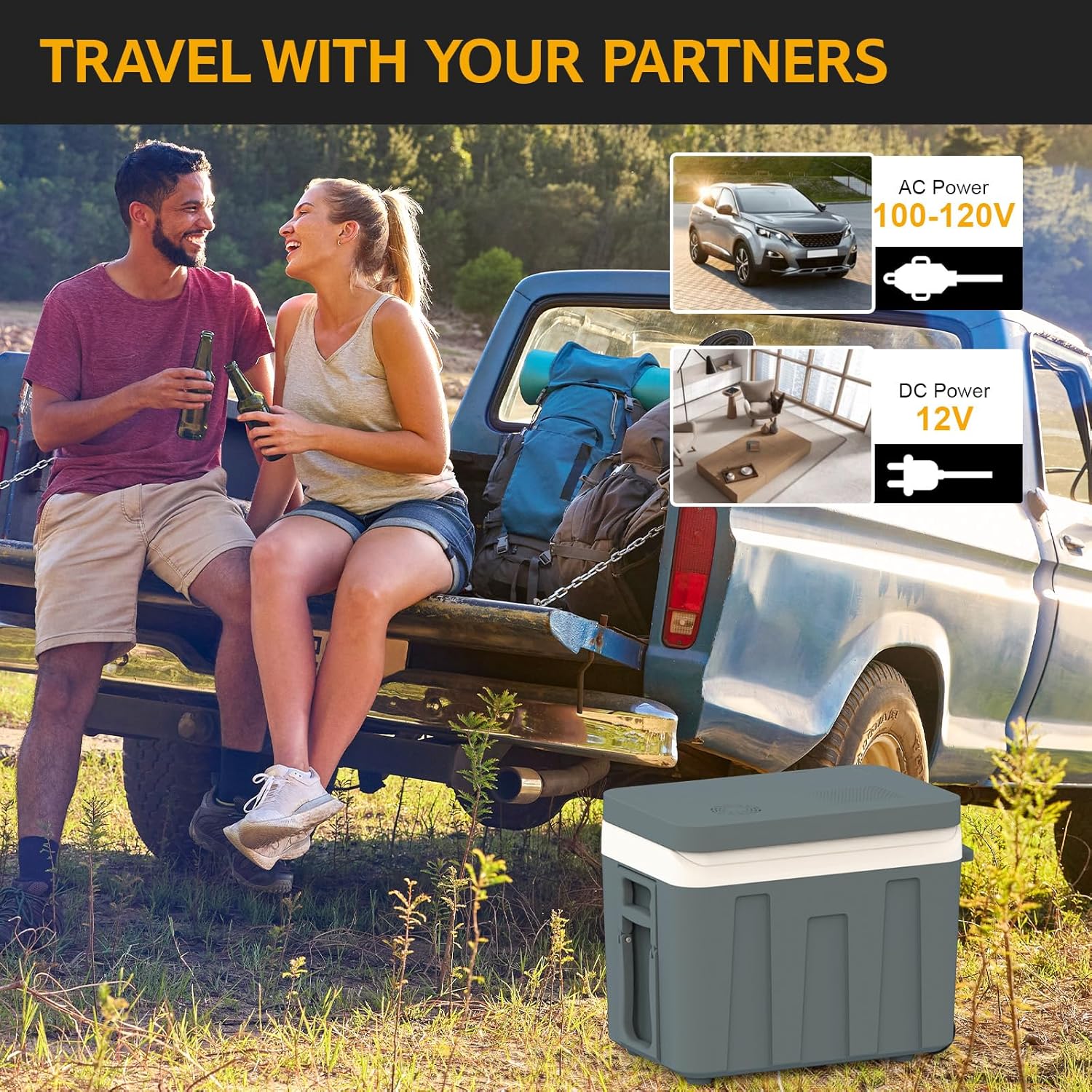A couple sitting on a truck tailgate with the advwin cooler, showing icons for AC 100-120V and DC 12V power options