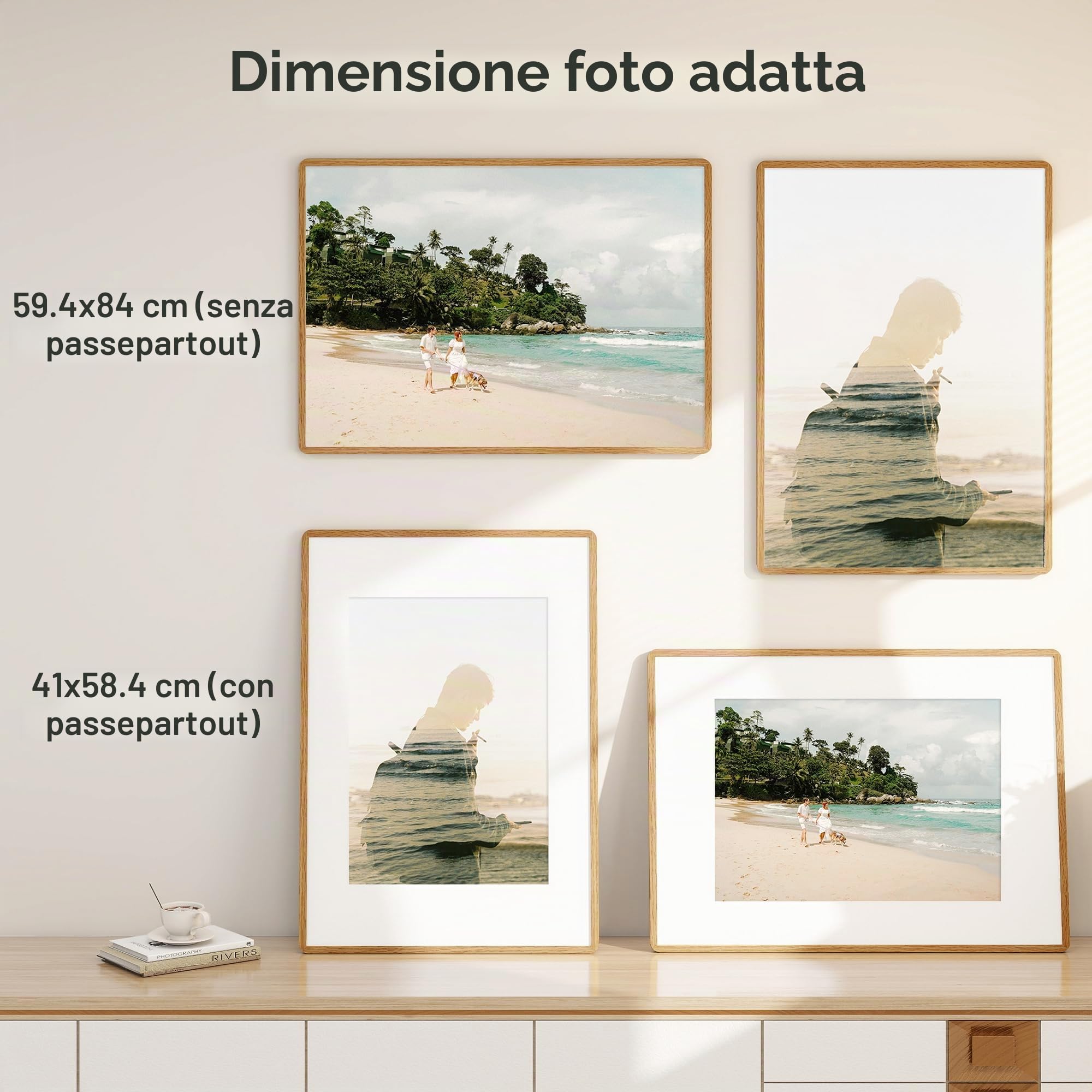 Feihorrm Cornice portafoto in legno massiccio, Cornice per foto A1 in rovere, con vetro temperato, per foto 59,4x84 cm senza passepartout o foto 41x58,4 cm con passepartout (Beige, A1 (59,4x84 cm)/ 1x