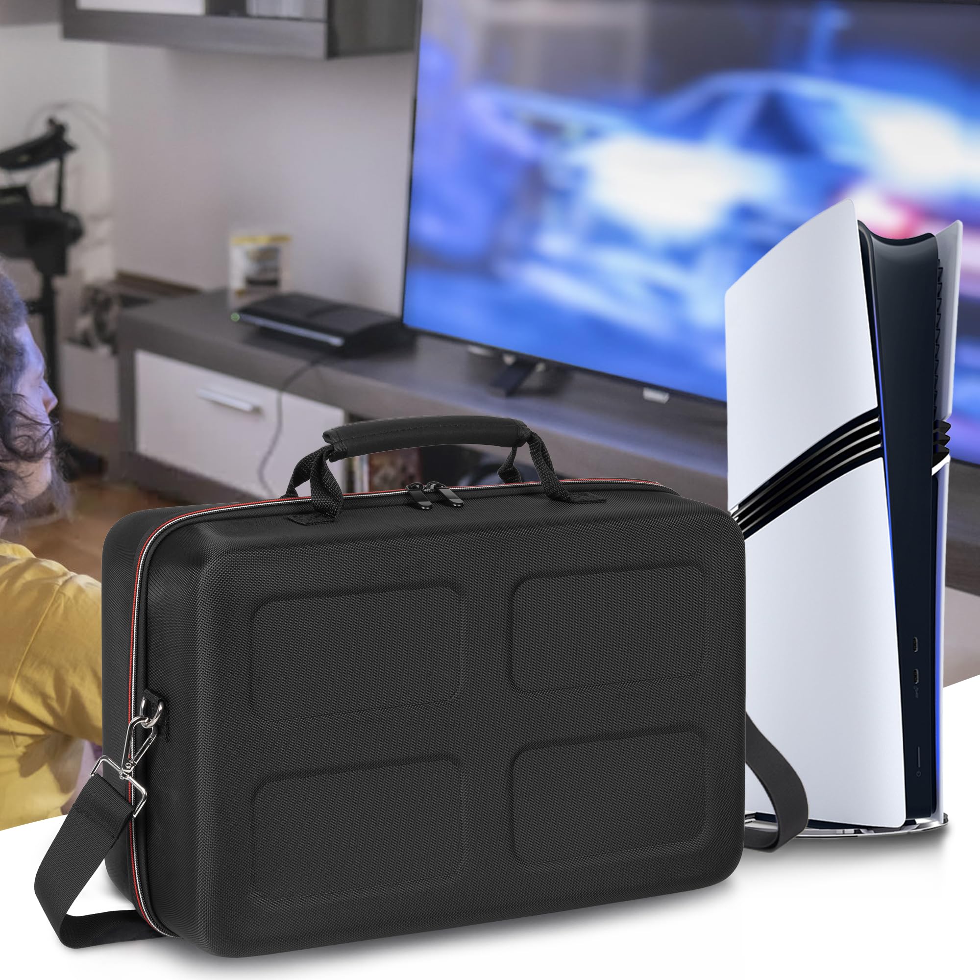 OUUTMEE Custodia da trasporto Applicabile a Play station 5, compatibile con PS5/PS Slim/PS5 Pro, borsa protettiva con tracolla per console Disc/Digital Edition, schede di gioco, HDMI