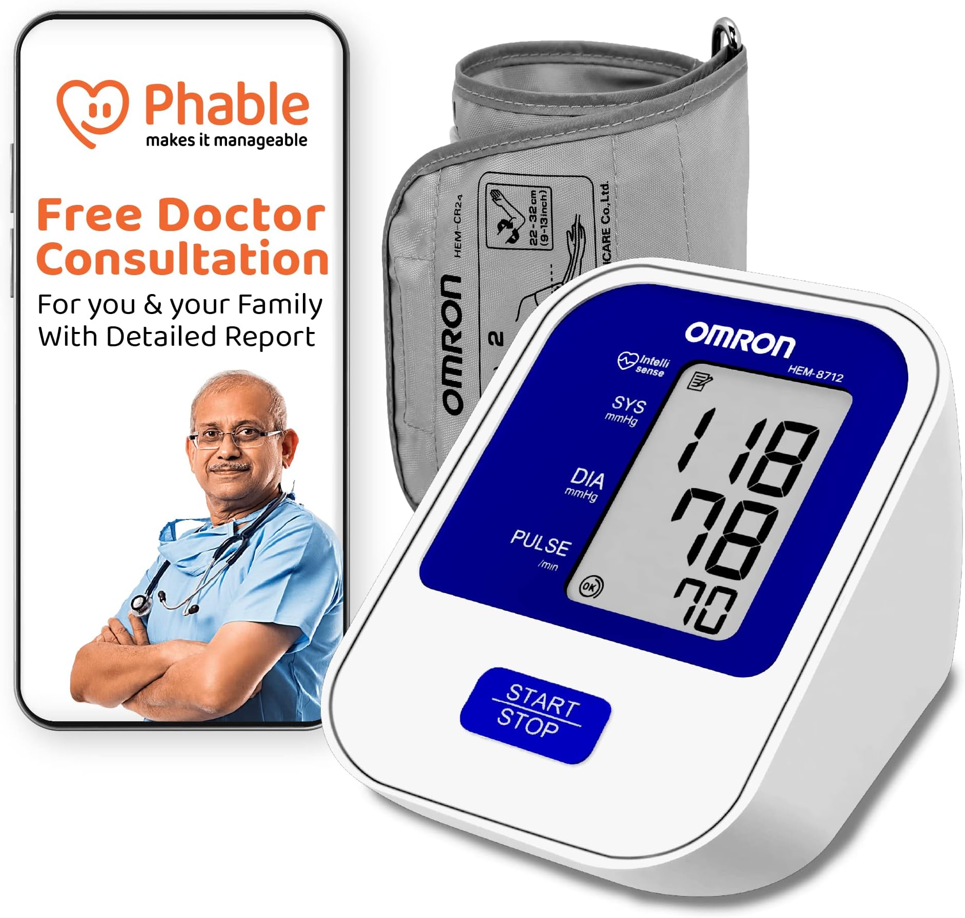Omron HEM 8712 Digital Arm Blood Pressure Monitor With Phable's Care 360 Free Doctor Health Assessment, Multicolour