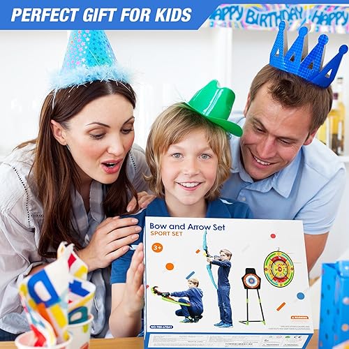 Vista 25 de Arco y flecha para niños, juego de tiro con arco con luz LED con 12 flechas de ventosa, 1 objetivo de pie, 3 objetivos de puntuación y 1 carcaj