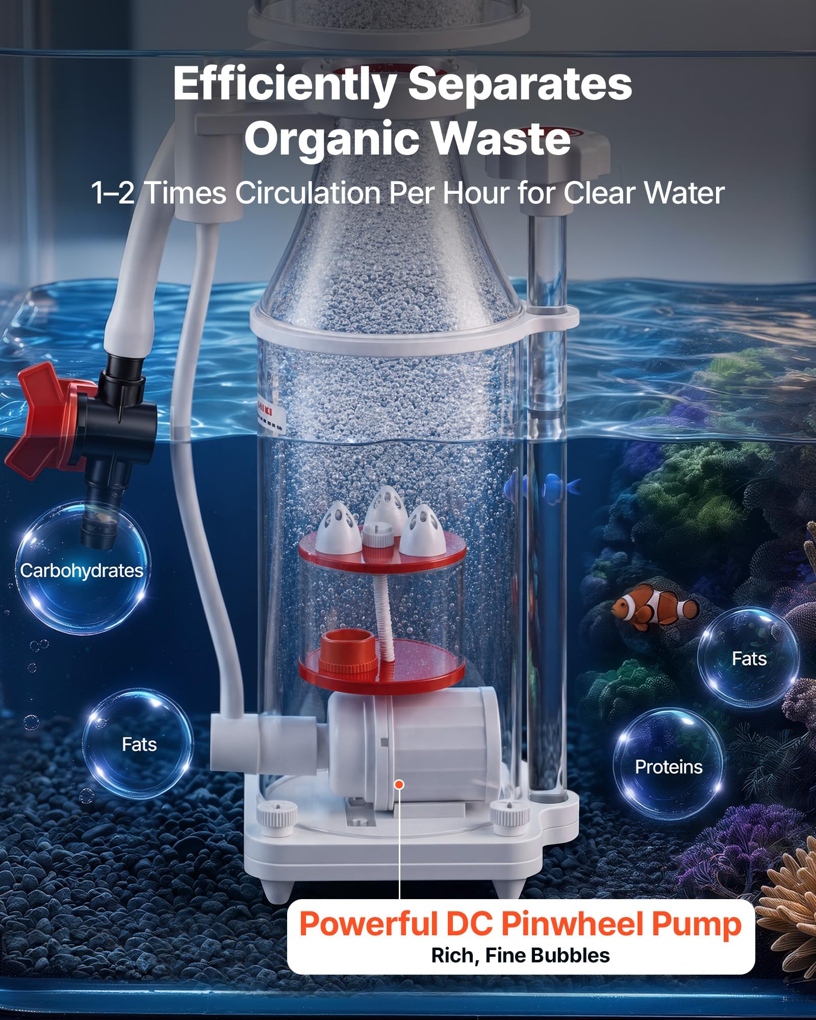 VEVOR Skimmer de Proteínas 379 L para Acuarios de Agua Salada de 200-400 L, Con Bomba de Paletas de CC, Control Ajustable, Funcionamiento con Bajo Nivel de Ruido, Entrada Máxima de Aire de 300 L/H