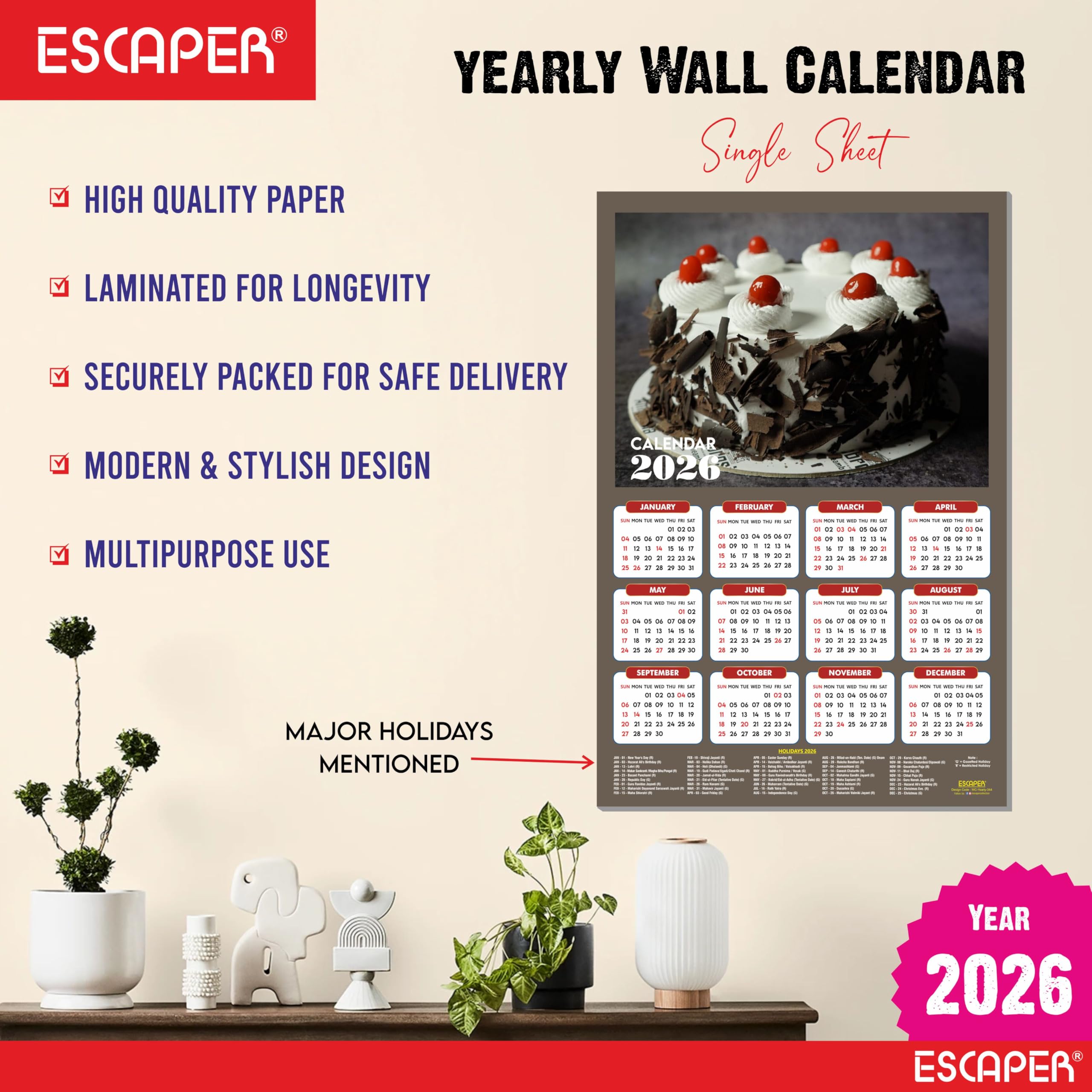 ESCAPER Calendario de pared 2026 con platos de comida, 45 x 30 cm, panadería, cafetería, pizza, comida rápida y cocina china, calendario de decoración de pared para el hogar, cocina y restaurante