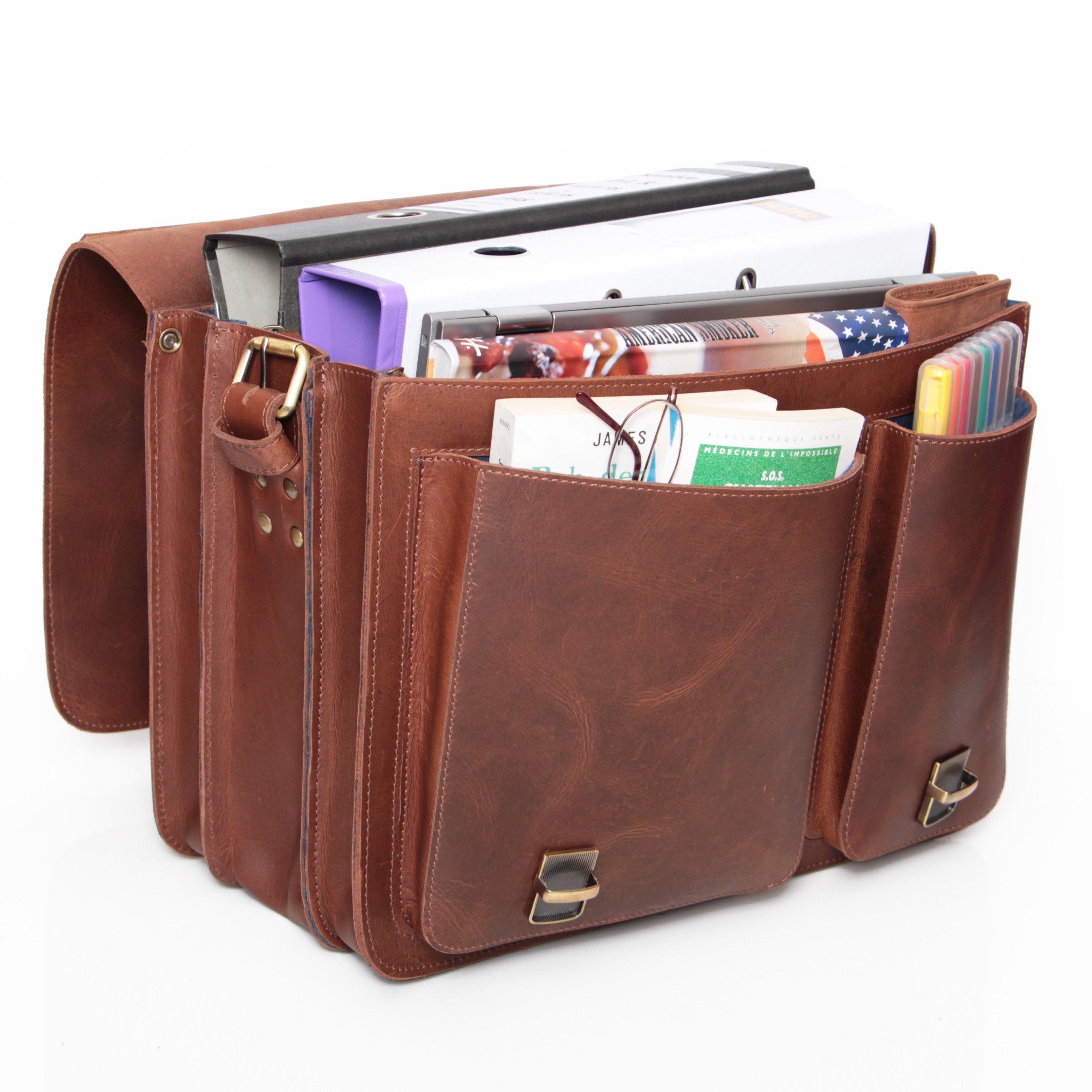 ALMADIH Leder XXL Aktentasche SAM handgefertigt, 3 große Fächern - robustem Rindsleder braun Vintage, Lehrertasche Anwalttasche Laptoptasche Notebook Unitasche Businesstasche Umhängetasche
