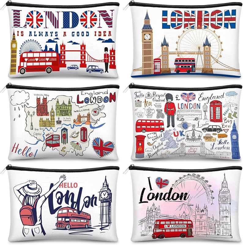 Reginary Necessaire Retangular com Zíper, Estampa de Londres, Canvas, Pacote com 6