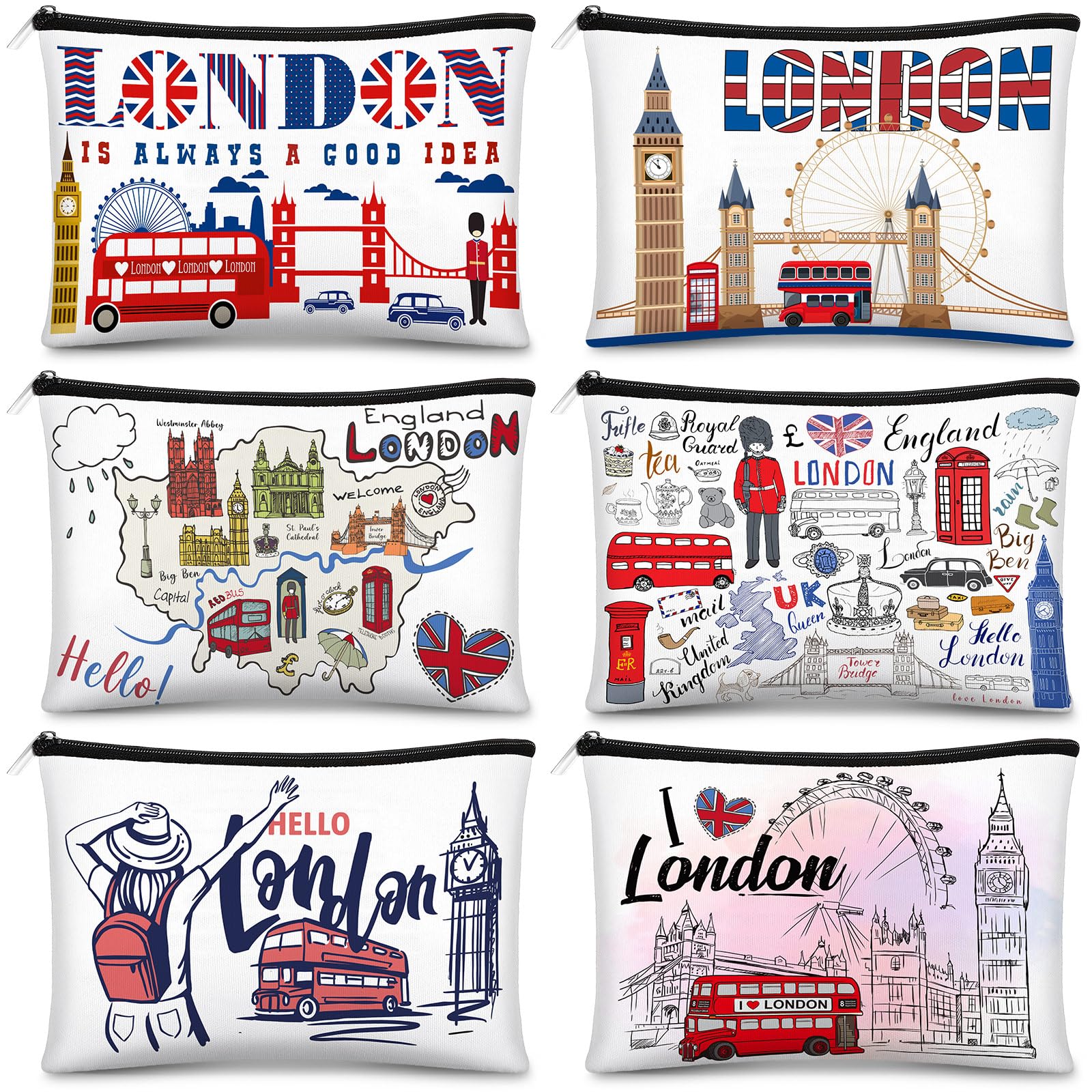 Reginary 6 Pcs City Cosmetic Bag Souvenir Gifts New York Zipper Pouch Chicago Souvenir Seattle Boston Nashville London Paris Italy Alaska Gifts