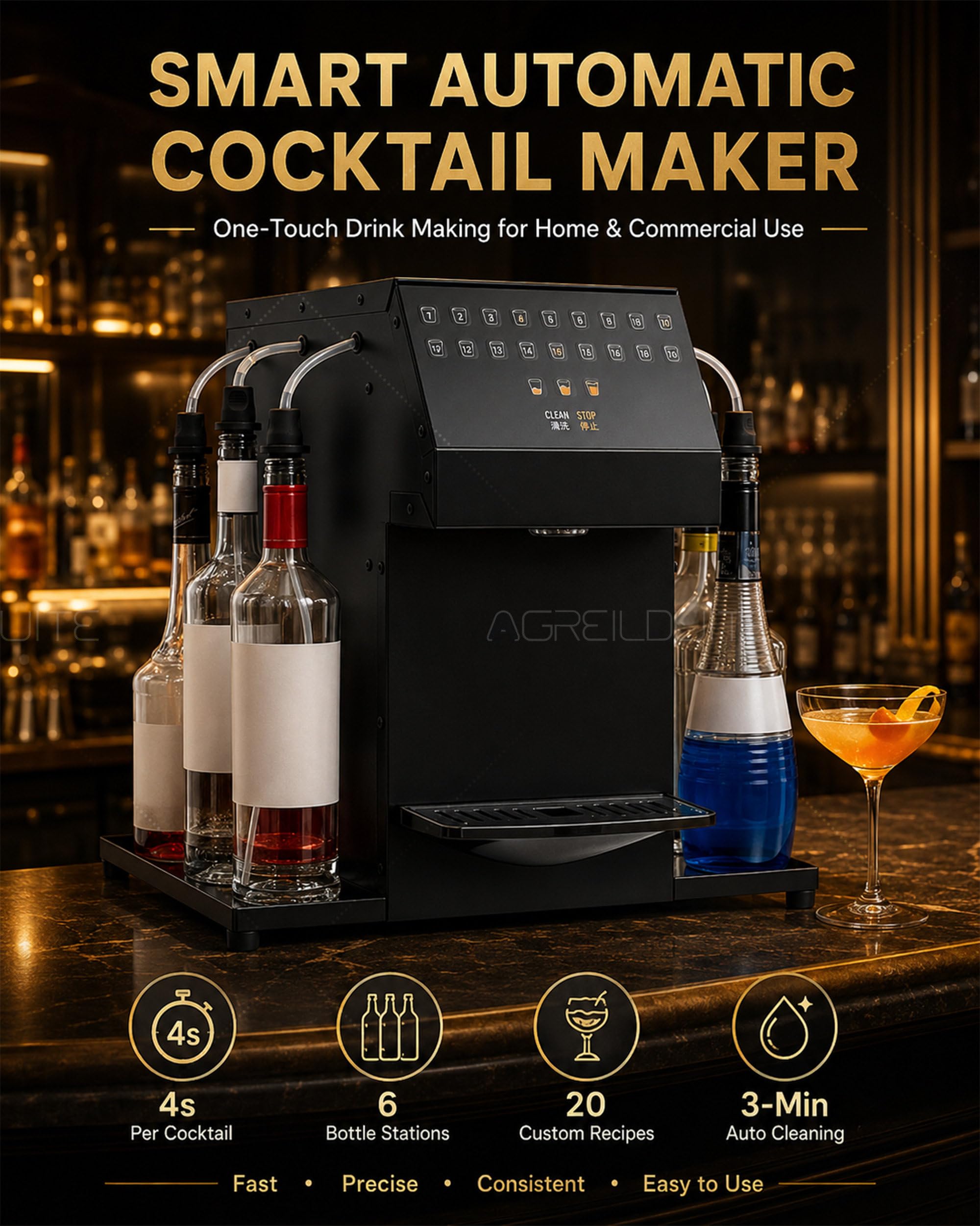 Kit para preparar cócteles en un bar, estación de cócteles profesional automatizada con función de autolimpieza, máquina inteligente para preparar bebidas con capacidad para 6 botellas de licores