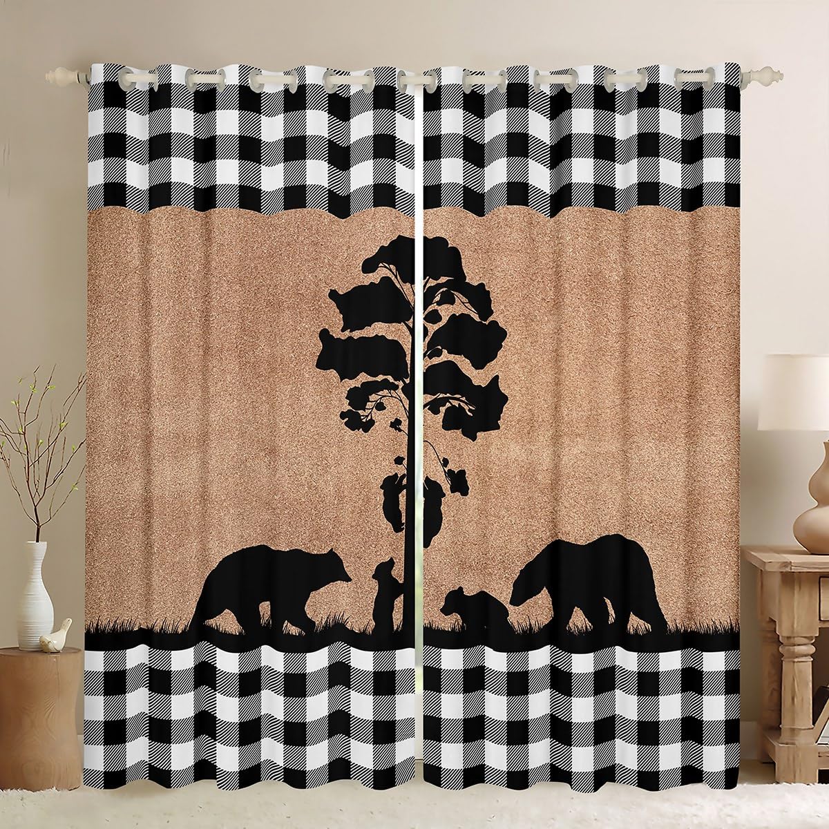 Bear Silhouettes Kids Window Curtains,Animals Trees Rustic Farmhouse Window Drapes for Boys Girls Adults,Geometric Grids Patch Brown Retro Window Treatments Grommet Top 2 Panel Set,52Wx90L inch