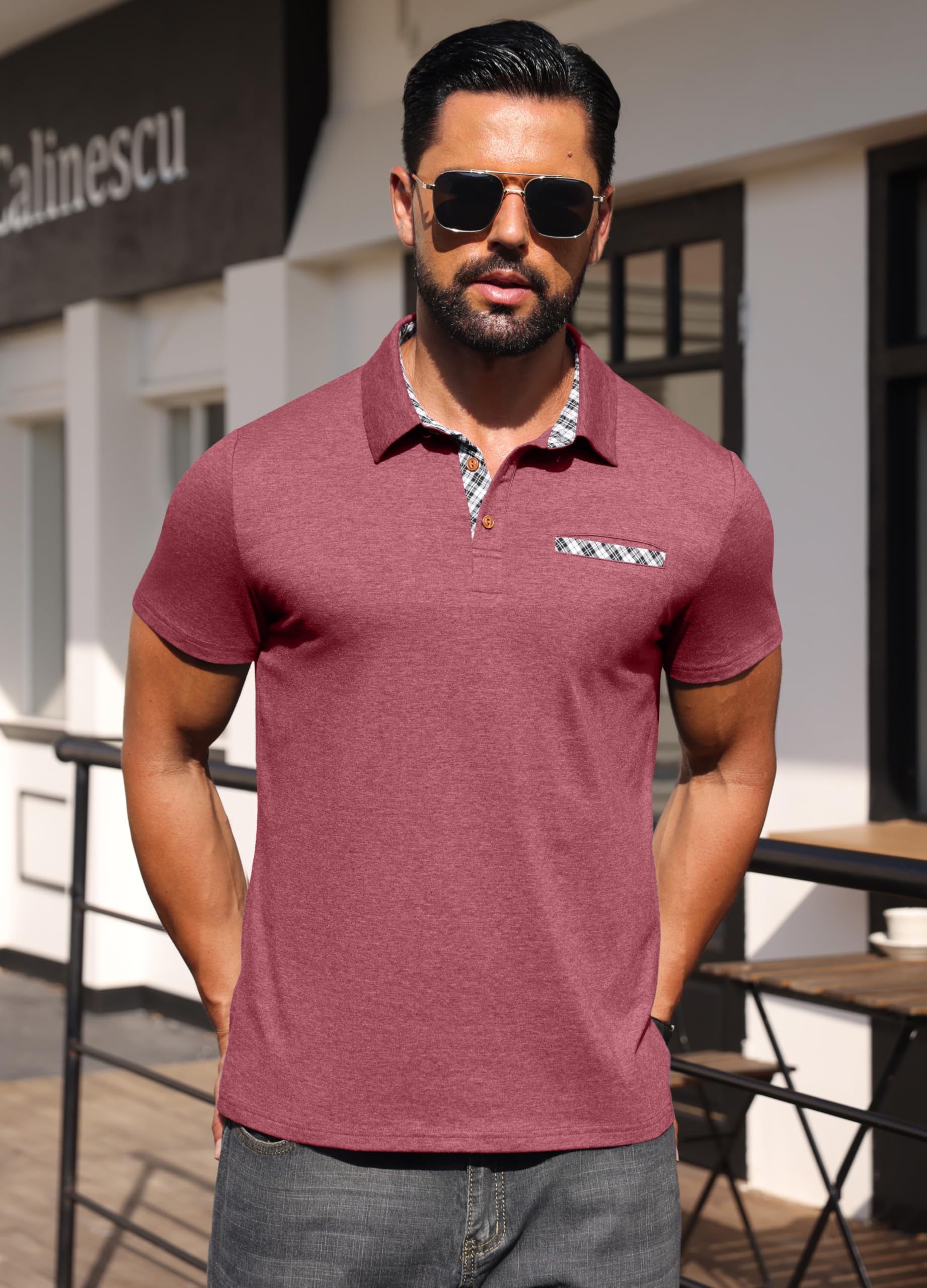 Hisir Poloshirt Herren Kurzarm Baumwolle Stretch Polo Hemd mit Kariertem Kragen & Brusttaschendetail Sommer Casual T-Shirt für Männer Business Freizeit & Golf