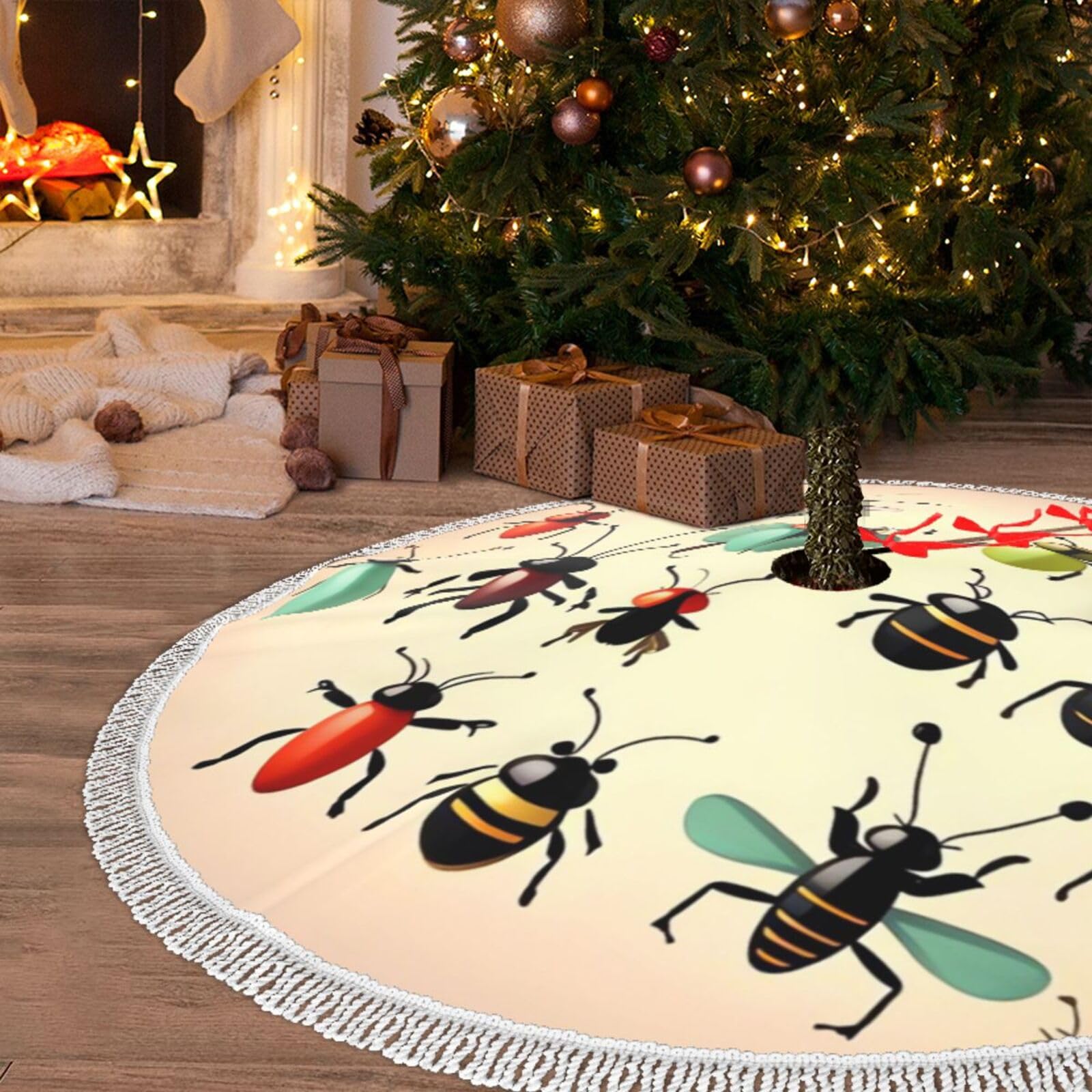 Jupe de sapin de Noël de ferme blanche à pompons pour réveillon chaleureux en famille
