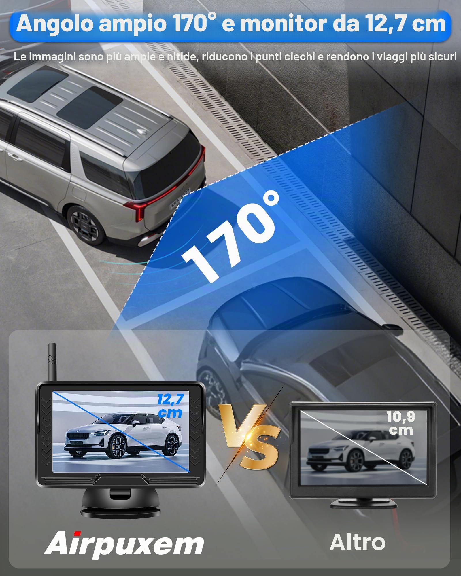AHD 1080P Retrocamera Auto Wireless Immagine Stabile con 5 '' Monitor | Telecamera Retromarcia Wireless 6 LED Telecamera Posteriore Senza Fili Visione Notturna 170°Grandangolo per DC 12V Camion SUV