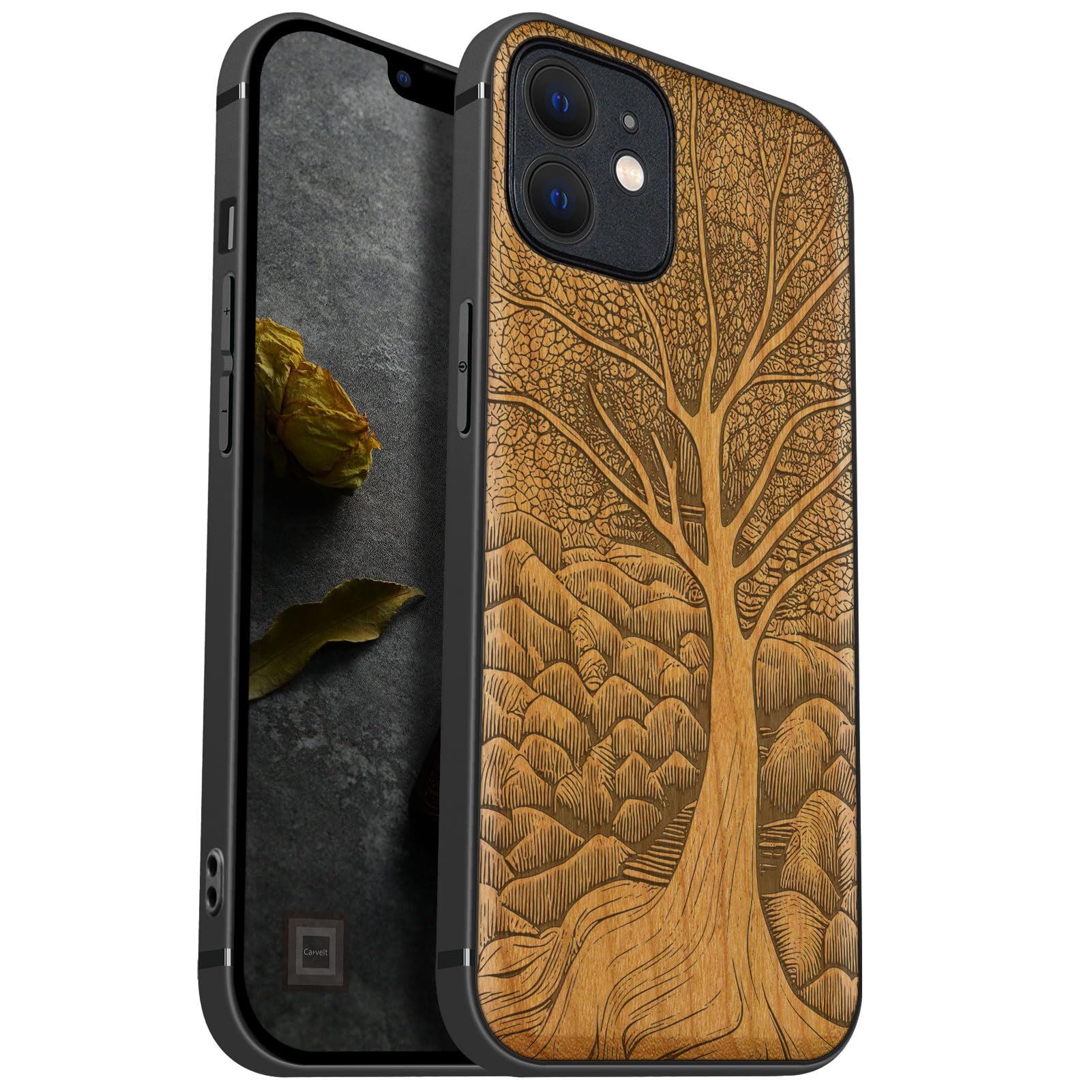 Amazon.com: Carveit Magnetic Wood Case for iPhone 12 Case [Natural Wood &  Black Soft TPU] Shockproof Protective Unique Wooden Cover Compatible with  MagSafe (The Lino Print Tree -Cherry) : Cell Phones &