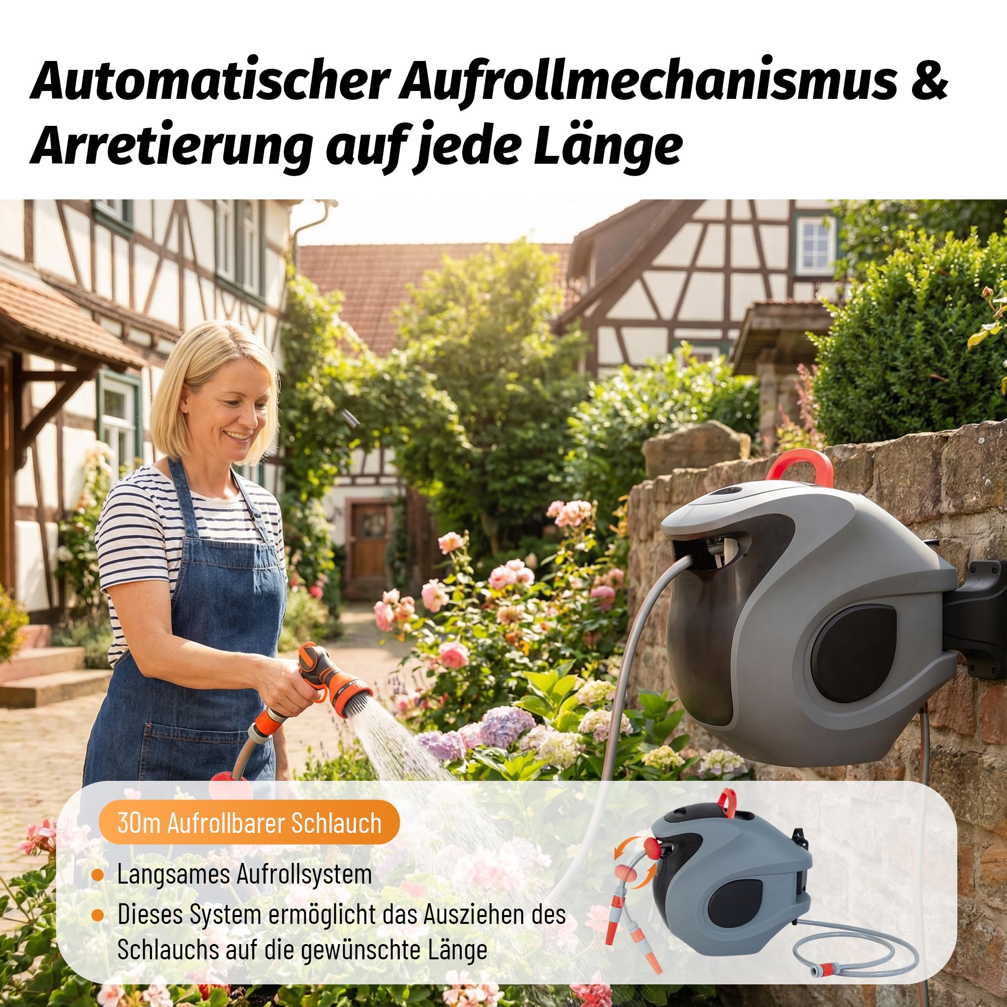 Schlauchbox RollUp 30 m – 180° Schwenkbare Schlauchtrommel, Flexible Bewässerung für Große Gärten, inkl. Wandhalterung, 30 m Gartenschlauch und Ergonomischer Spritze (Graulbau)