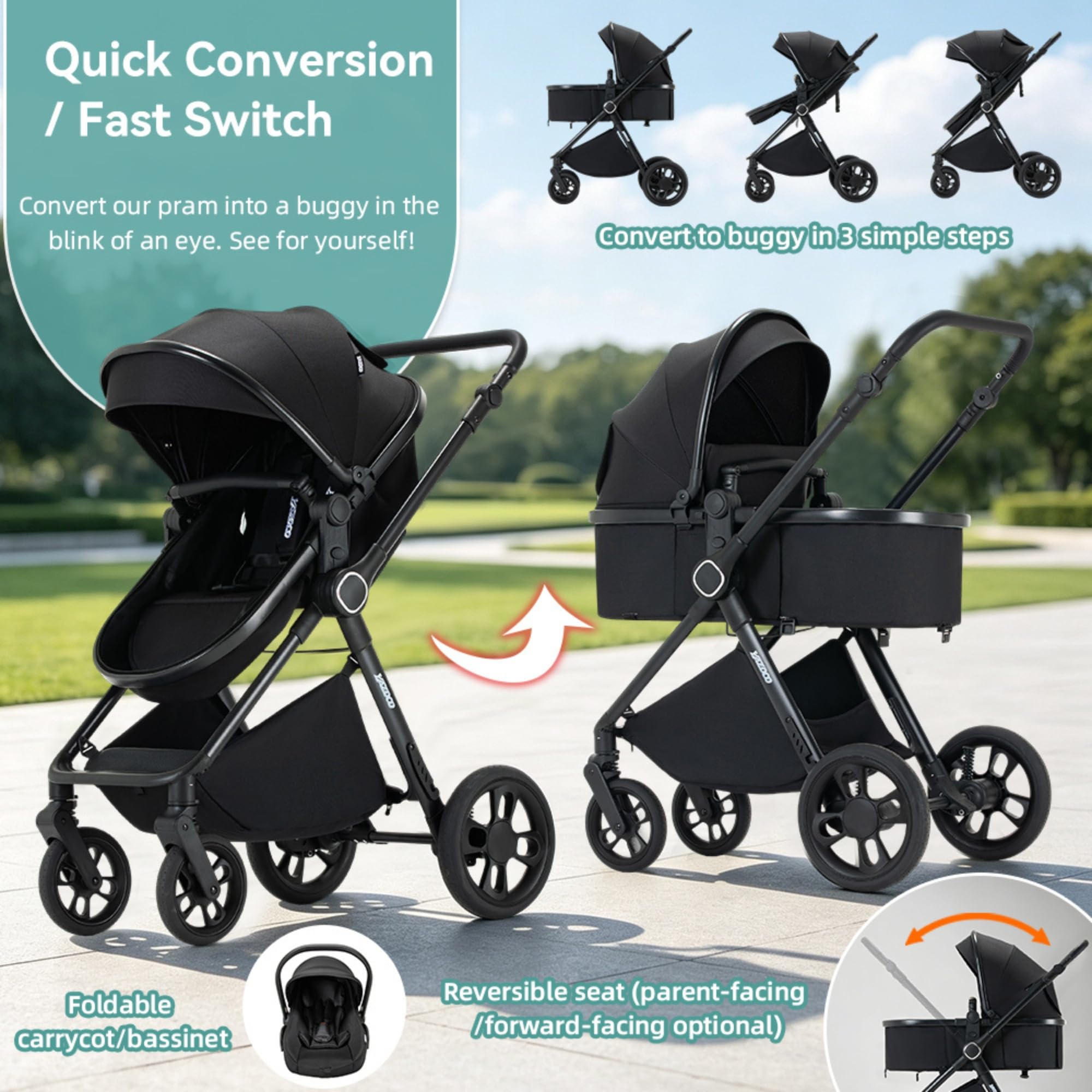 passeggino trio con ovetto I-SIZE passeggino 3 in 1 (Verde) | pieghevole trio passeggino neonati in offerta Borsa con pannolino
