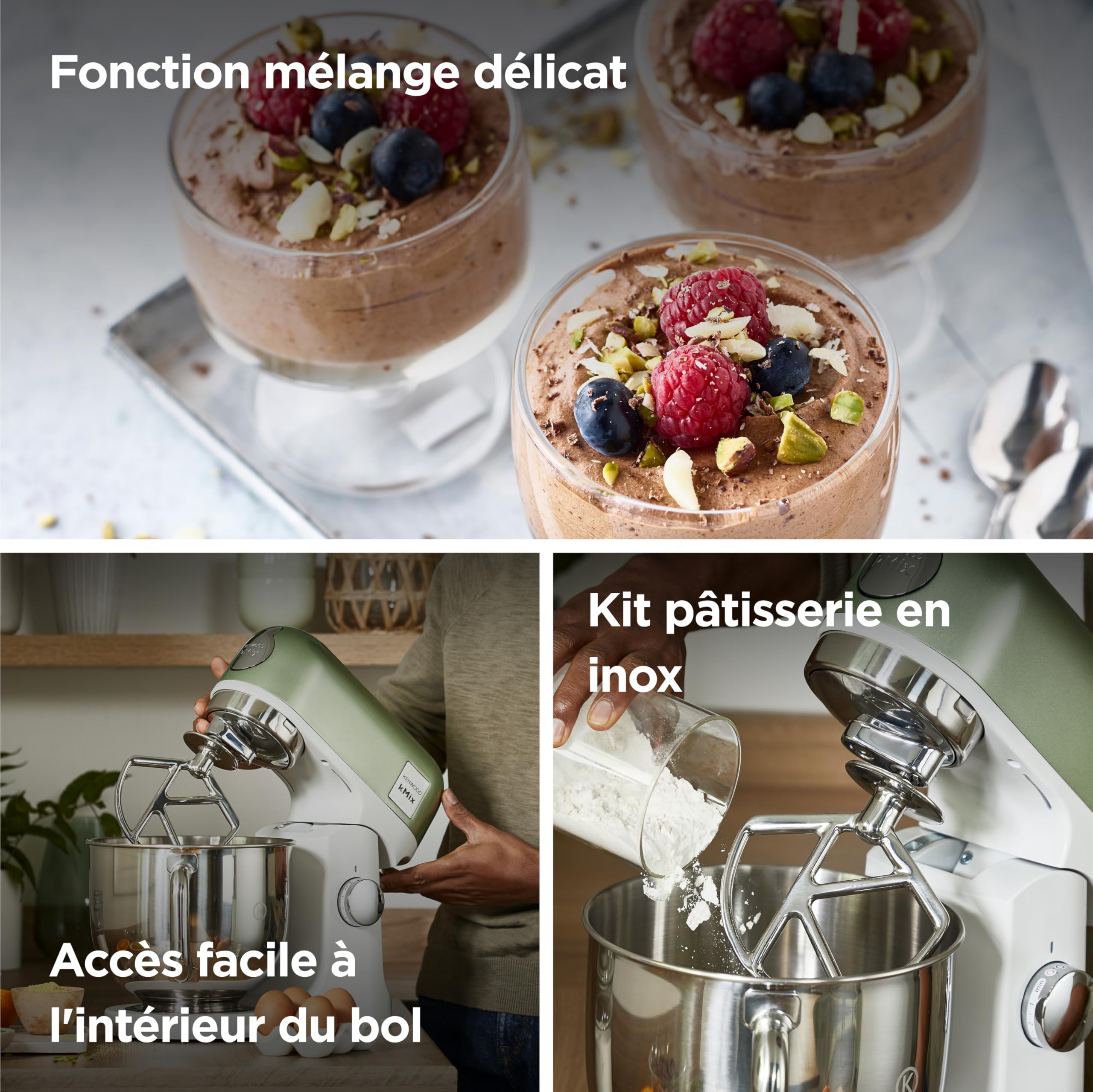 Kenwood kMix - Robot Pâtissier Multifonction avec Bol en Acier Inoxydable 5 L, Moteur 1000 W, Corps en Métal, Kit Pâtisserie 3 Accessoires et Couvercle anti-Éclaboussures, Vert (KMX760AGR)