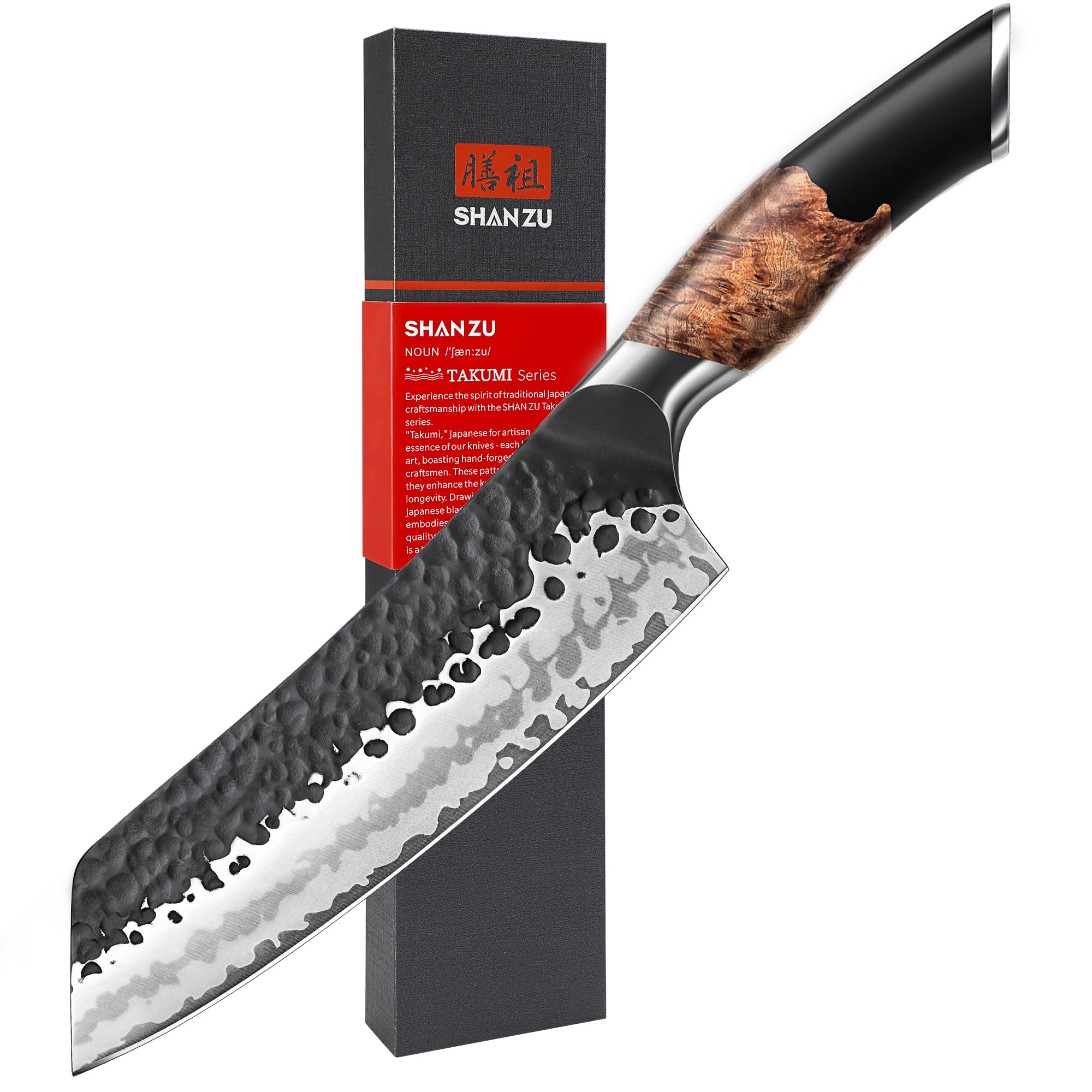 SHAN ZU Couteau Santoku Forgé à la Main, Couteau de Cuisine 18 cm, Acier à 7 Couches au Carbone de Haute Qualité, Manche en Bois d'érable